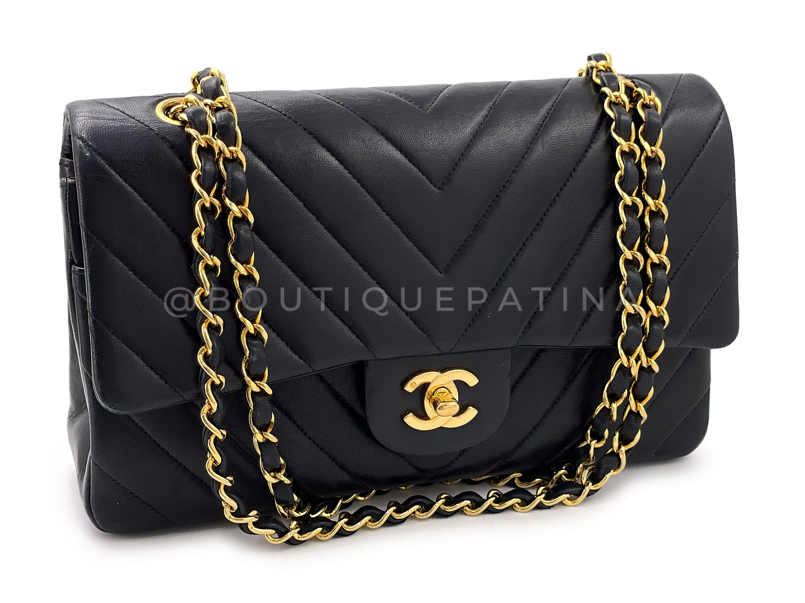Chanel Vintage Medium Classic Flap Bag Chevron 1991 Black Double 24k GHW M6T - Image 2