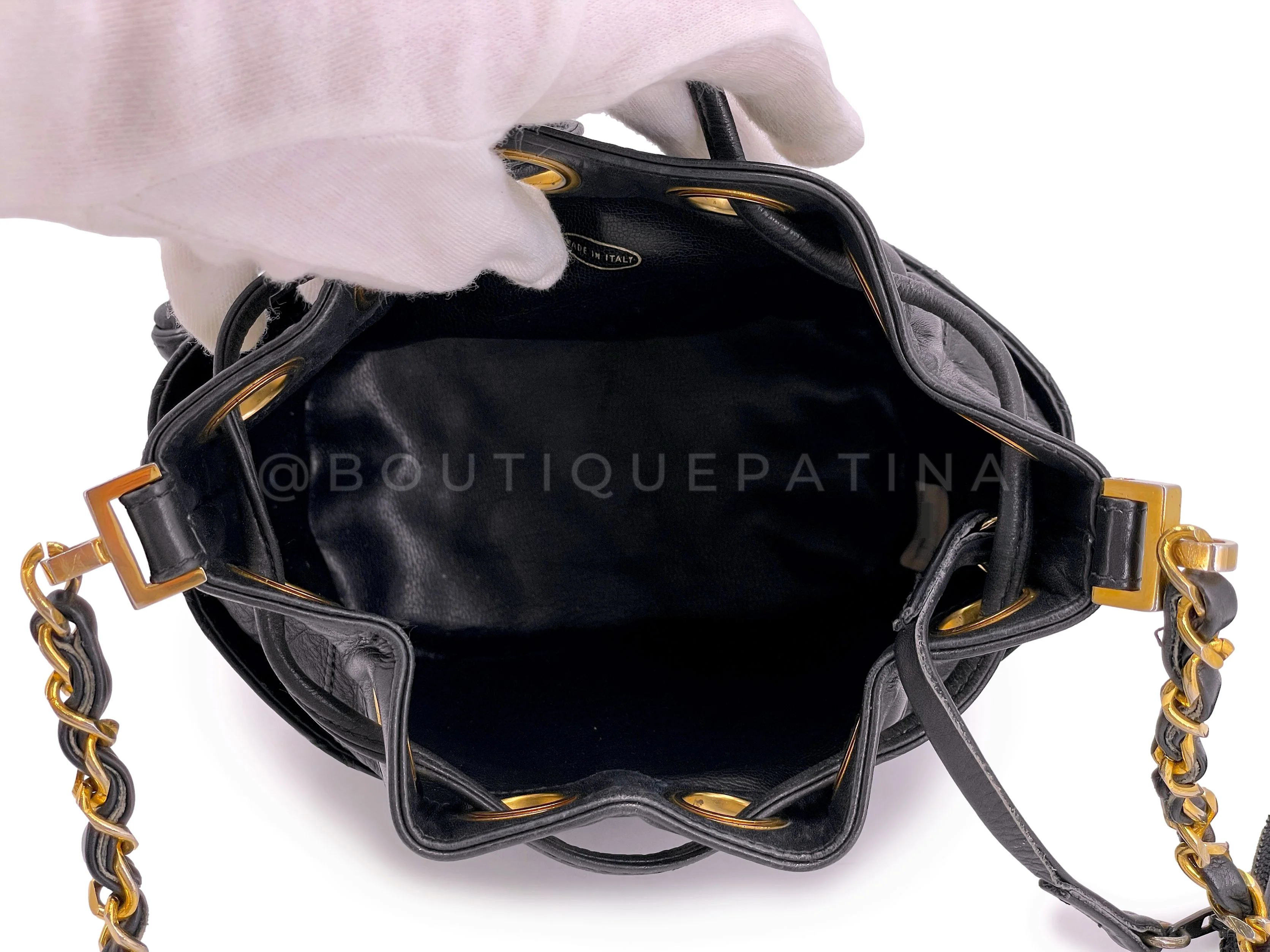 Rare Chanel Vintage 1987 Miniature Drawstring Mini Bucket Bag 24k GHW Black WX9 - Image 10