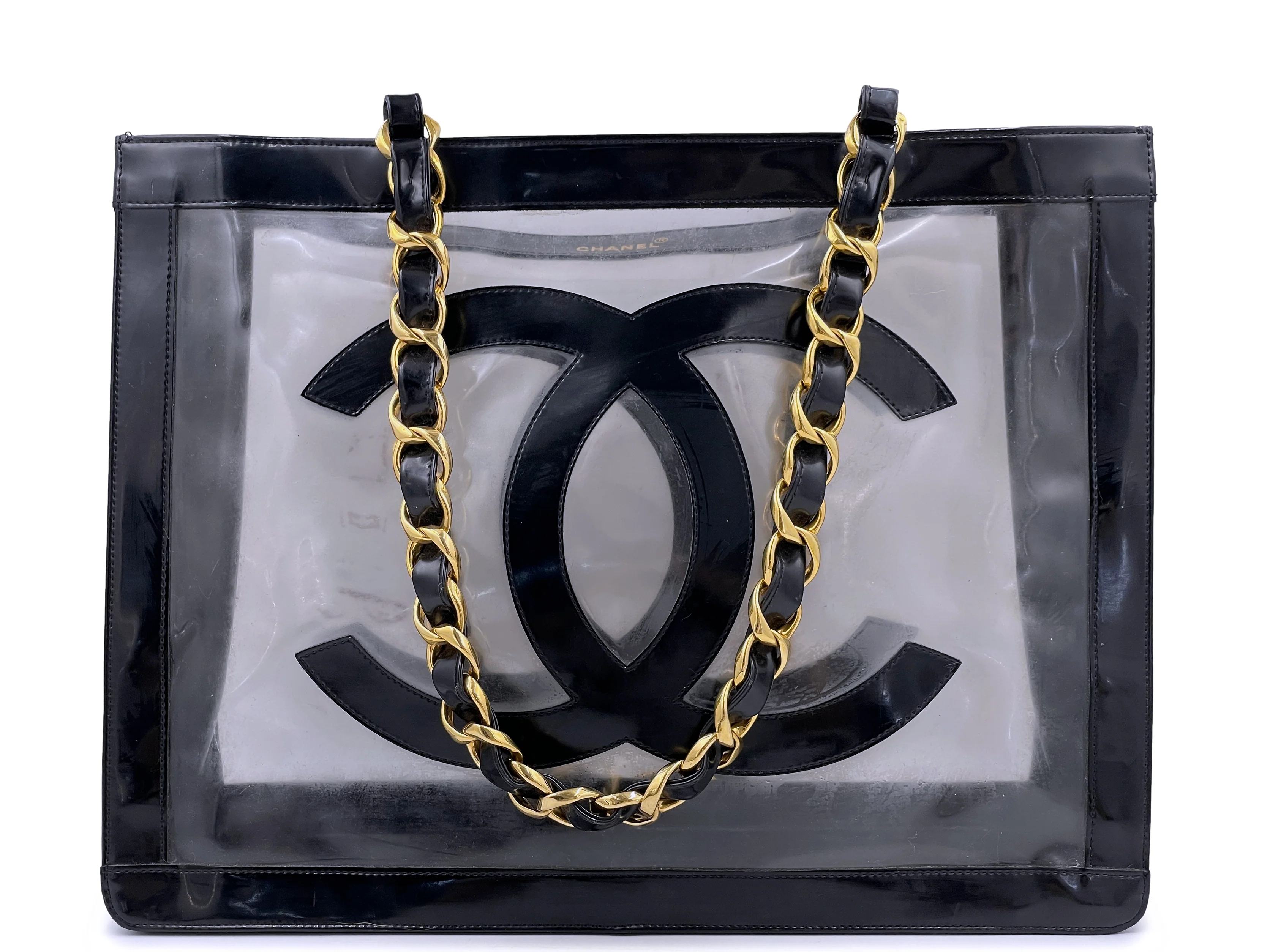 Chanel 1995 Vintage "Barbie" Clear Black Patent PVC Chunky Chain Tote Bag 24k GHW YJ5