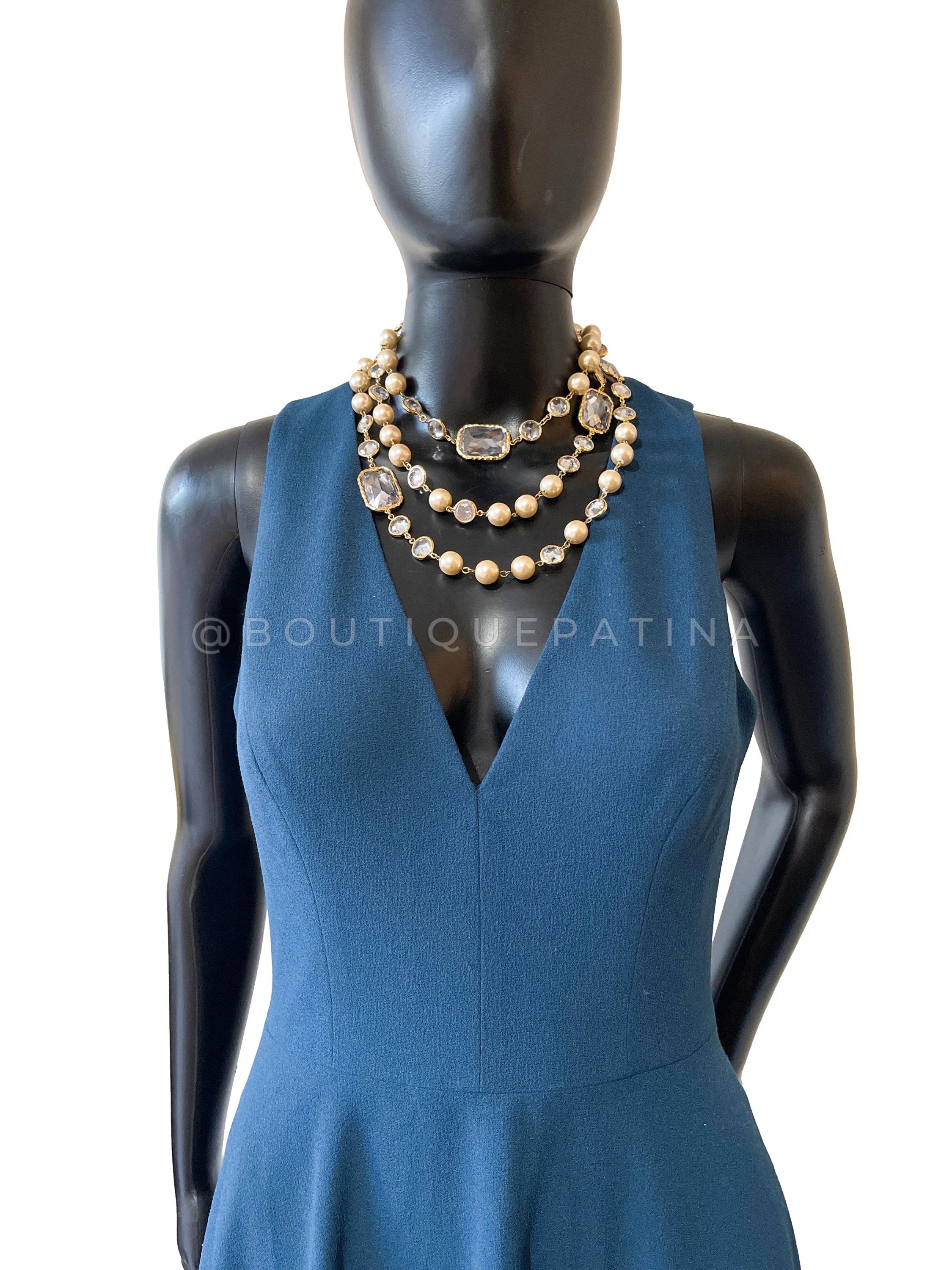 Chanel 1989 Vintage Clear White Jumbo Crystal and Pearl Chicklet Sautoir Station Strand Necklace - Image 4