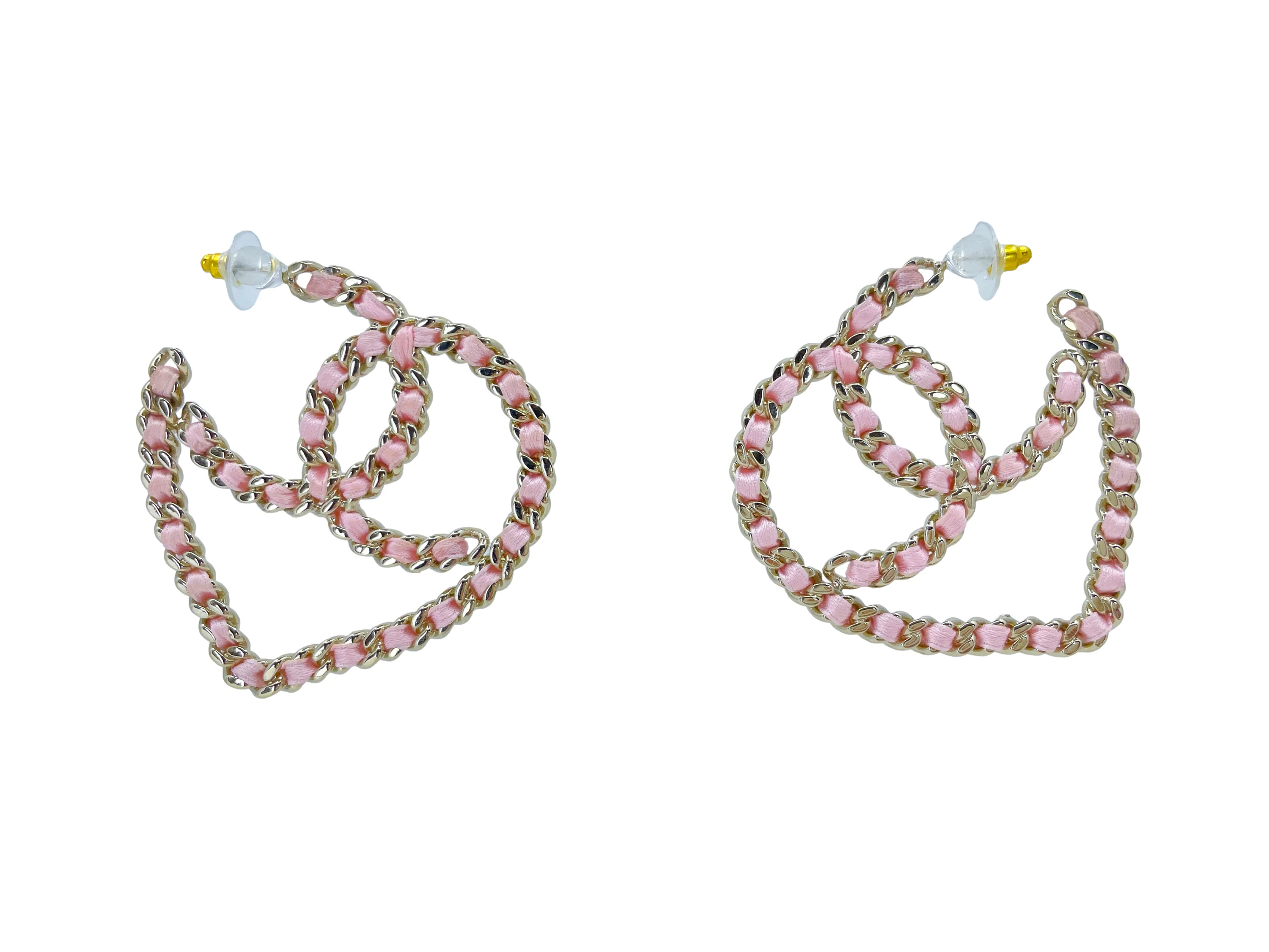 Chanel 09C Pink Woven Chain CC Logo Heart Hoop Earrings