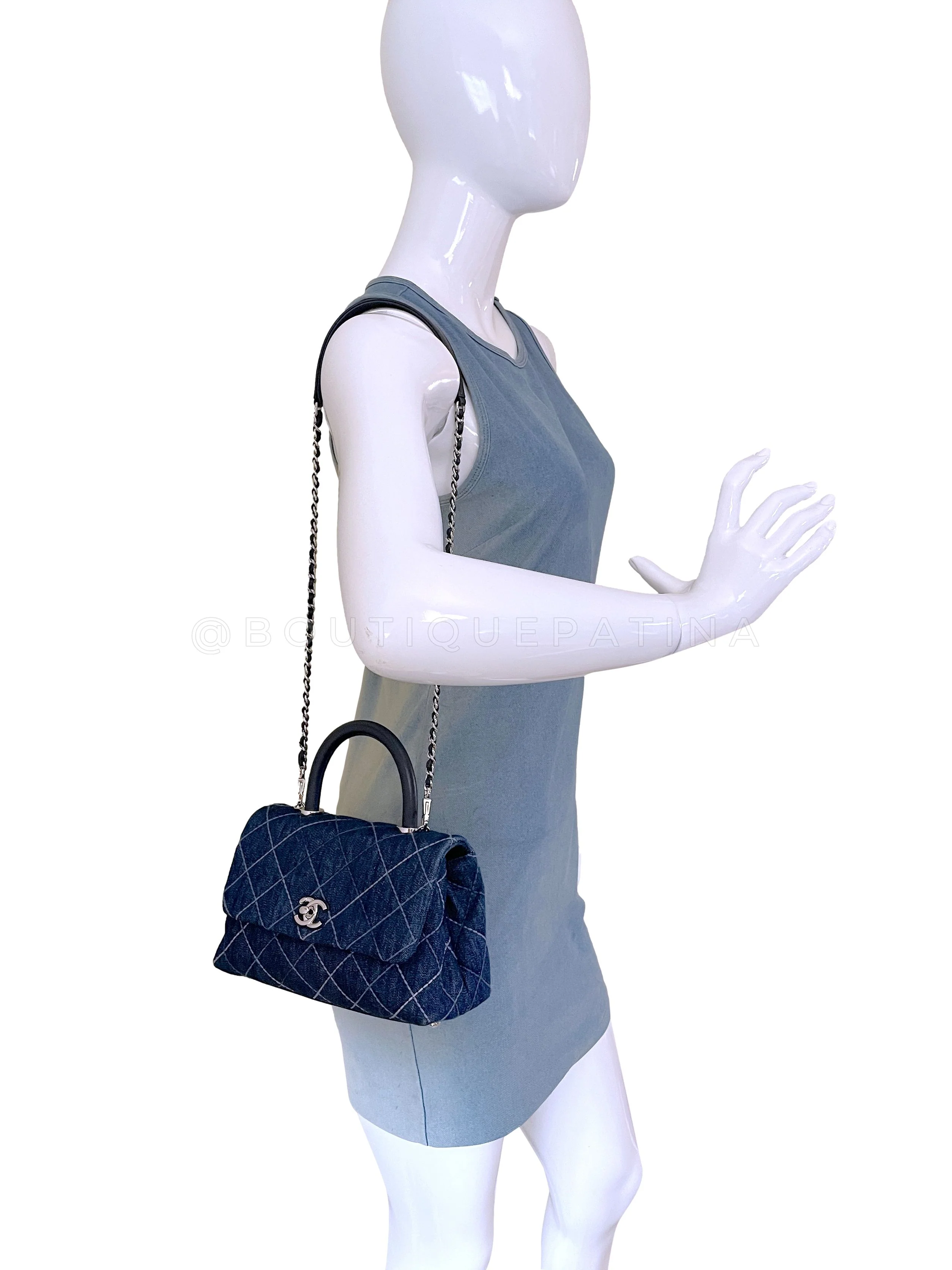 Chanel Blue Denim Small Coco Handle Kelly Bag SHW - Image 15