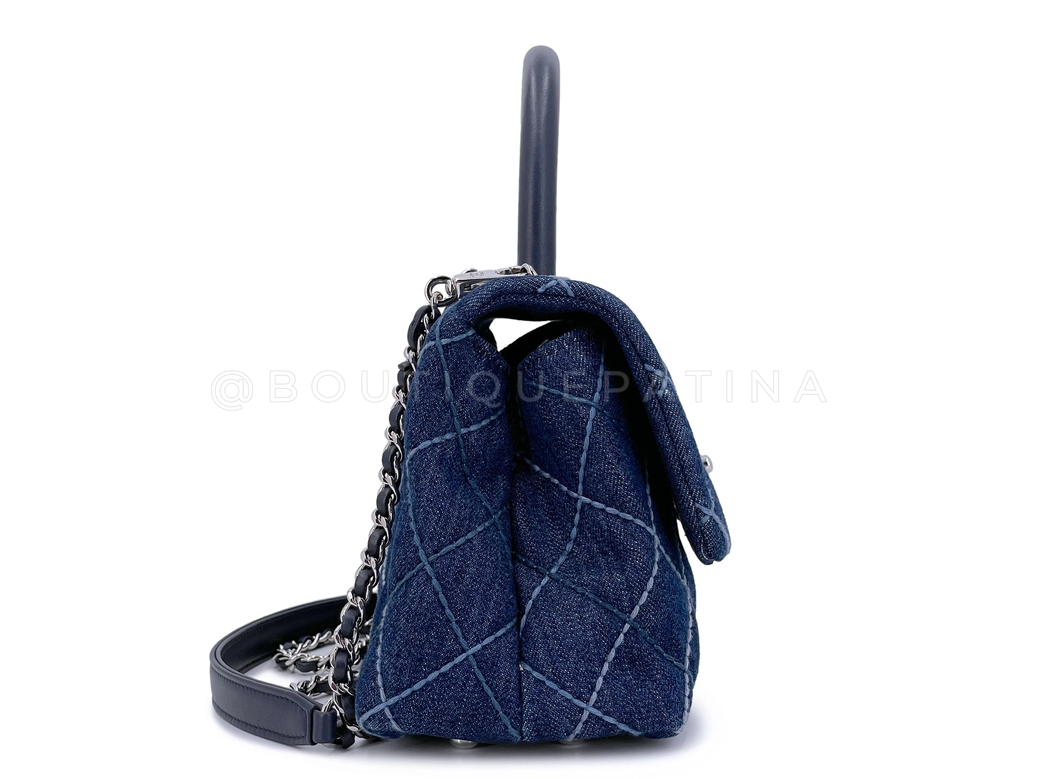Chanel Blue Denim Small Coco Handle Kelly Bag SHW - Image 4