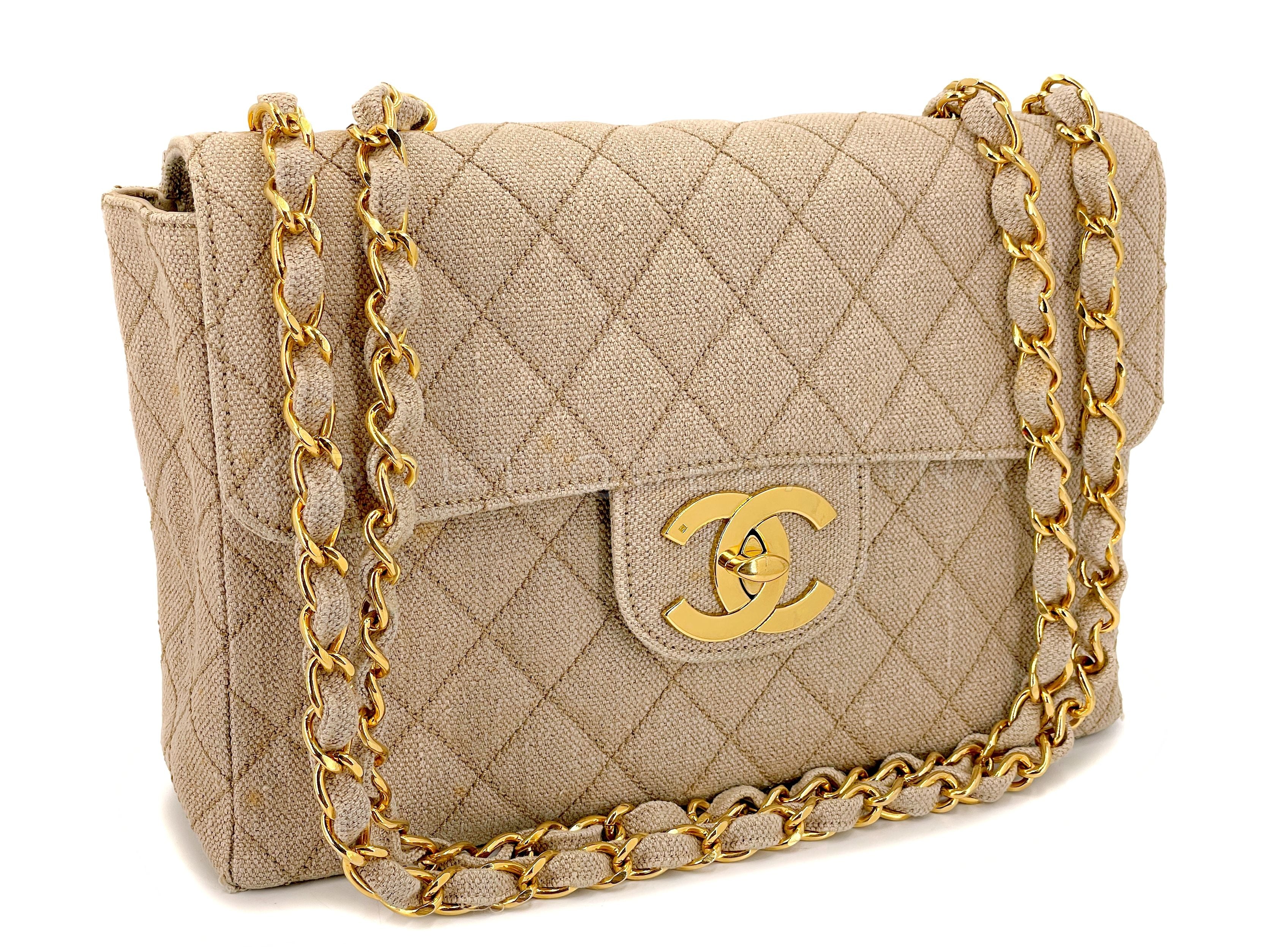 Rare Chanel 1994 Vintage Light Taupe Beige Linen Jumbo Classic Flap Bag 24k GHW - Image 2
