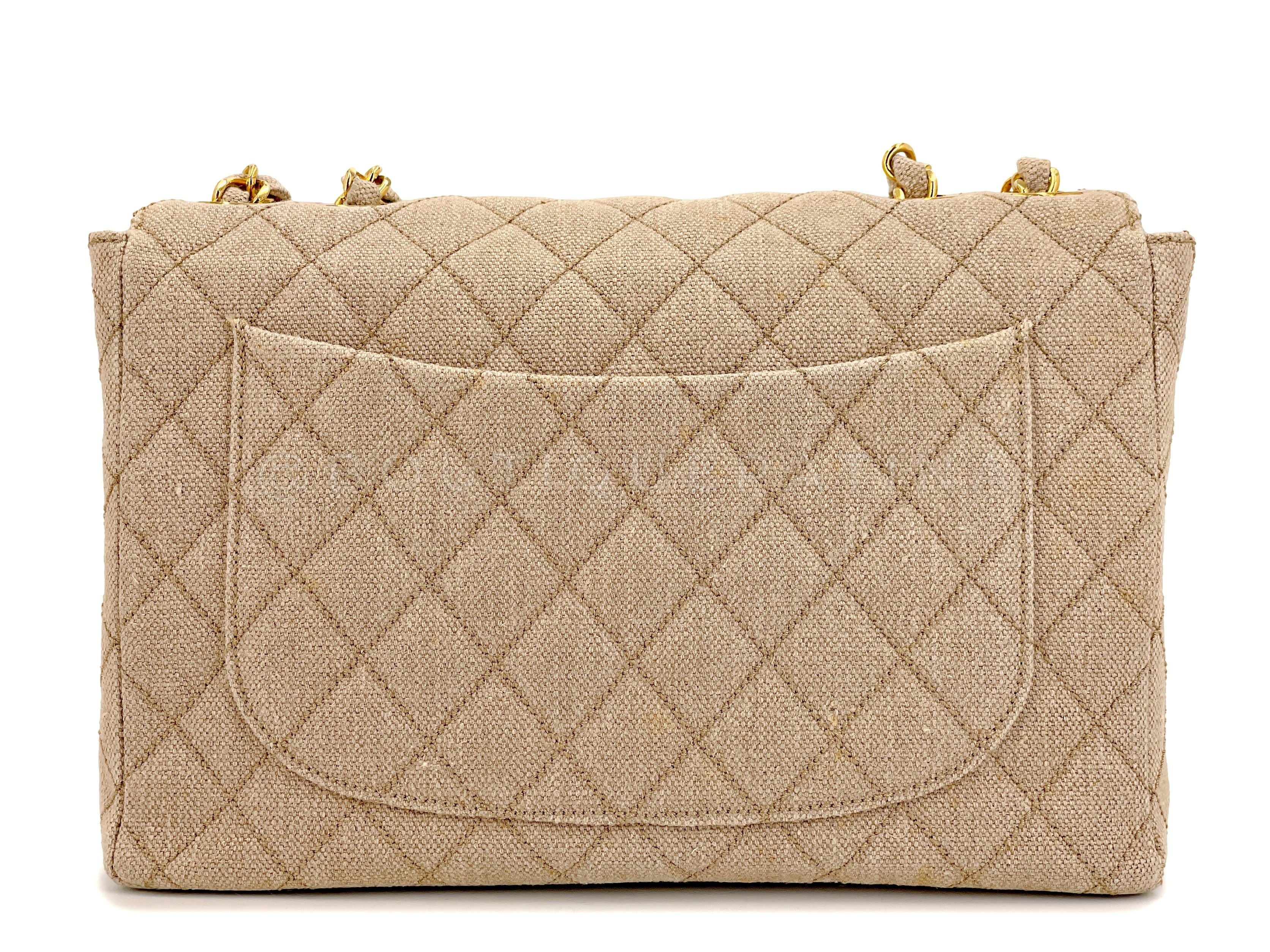 Rare Chanel 1994 Vintage Light Taupe Beige Linen Jumbo Classic Flap Bag 24k GHW - Image 5