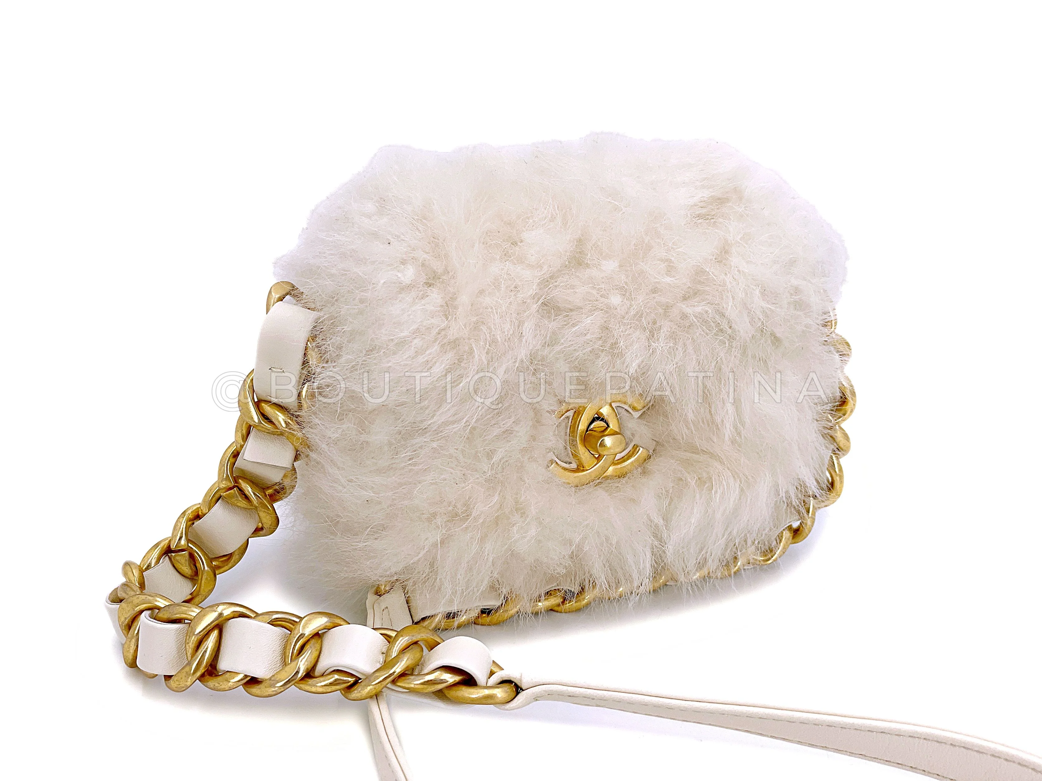 Chanel Fur Mini Flap Bag White Ivory Crossbody Chunky Chain IDO - Image 2