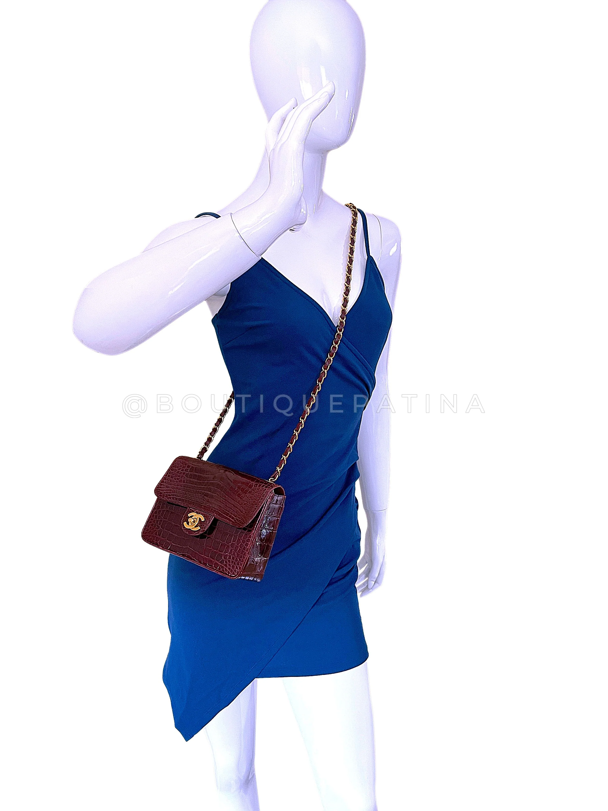 Chanel 1996 Vintage Burgundy Alligator Crocodile Square Mini Flap Bag 24k GHW 4RU - Image 15