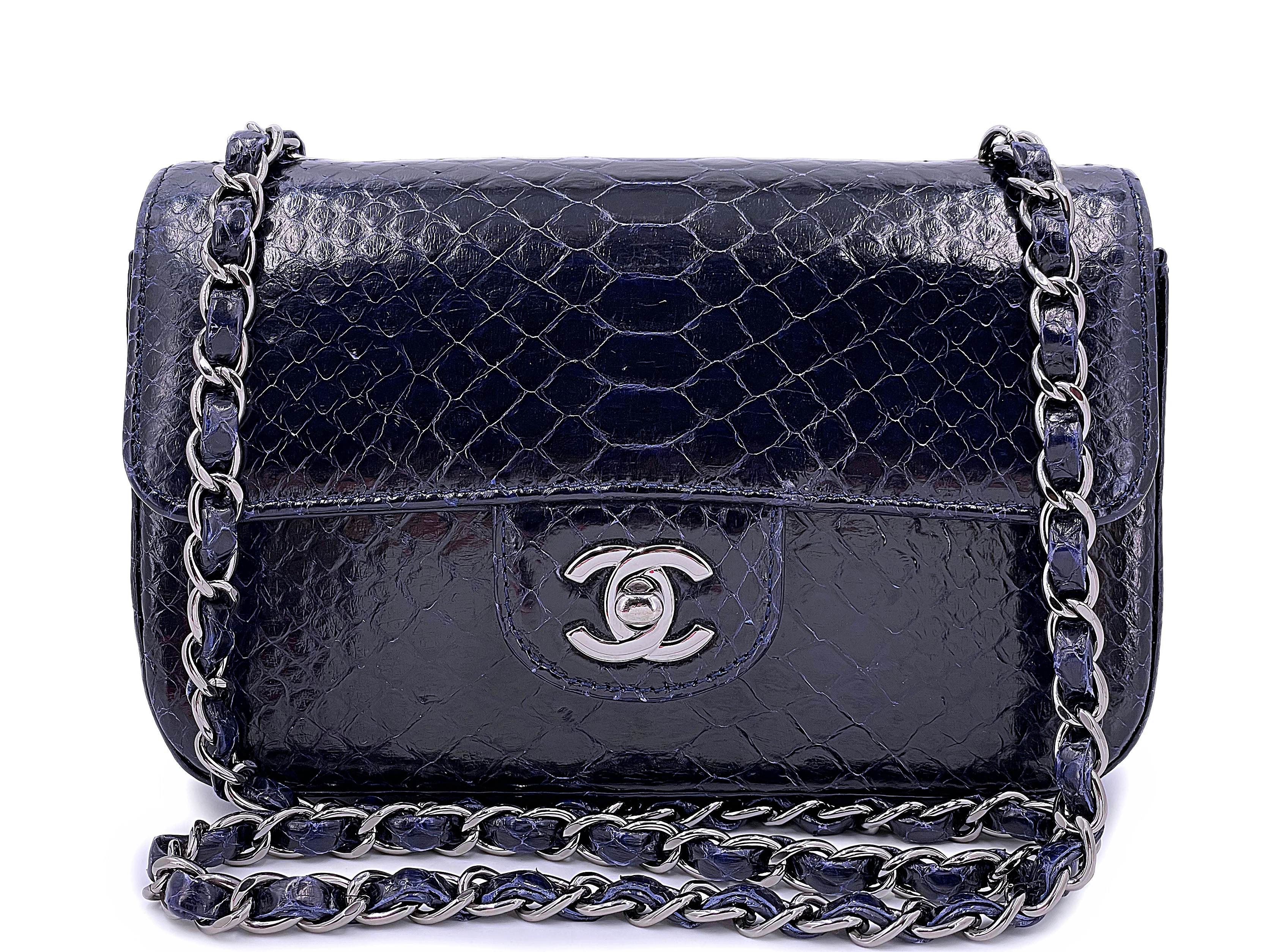 Chanel Midnight Navy Blue Python Rectangular Mini Flap Bag RHW