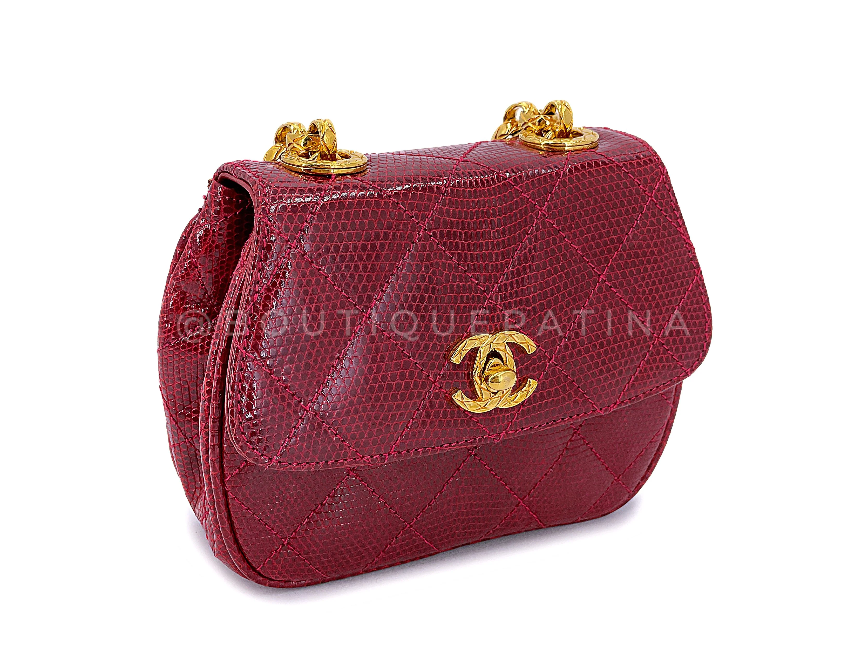 Chanel Vintage Lizard Mini Flap Bag 1980s Rare Red Etched Chain Round PSK - Image 3