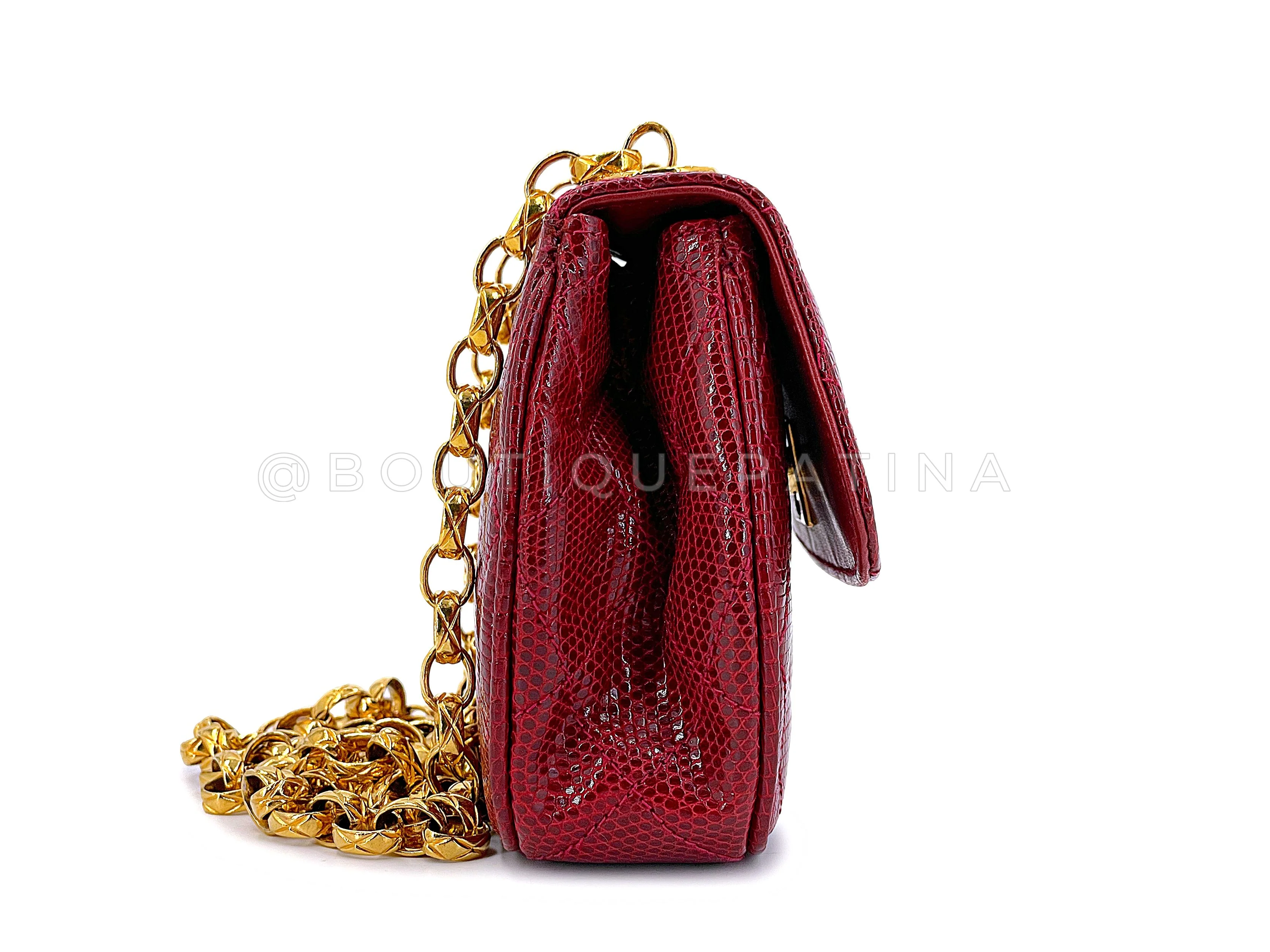 Chanel Vintage Lizard Mini Flap Bag 1980s Rare Red Etched Chain Round PSK - Image 4