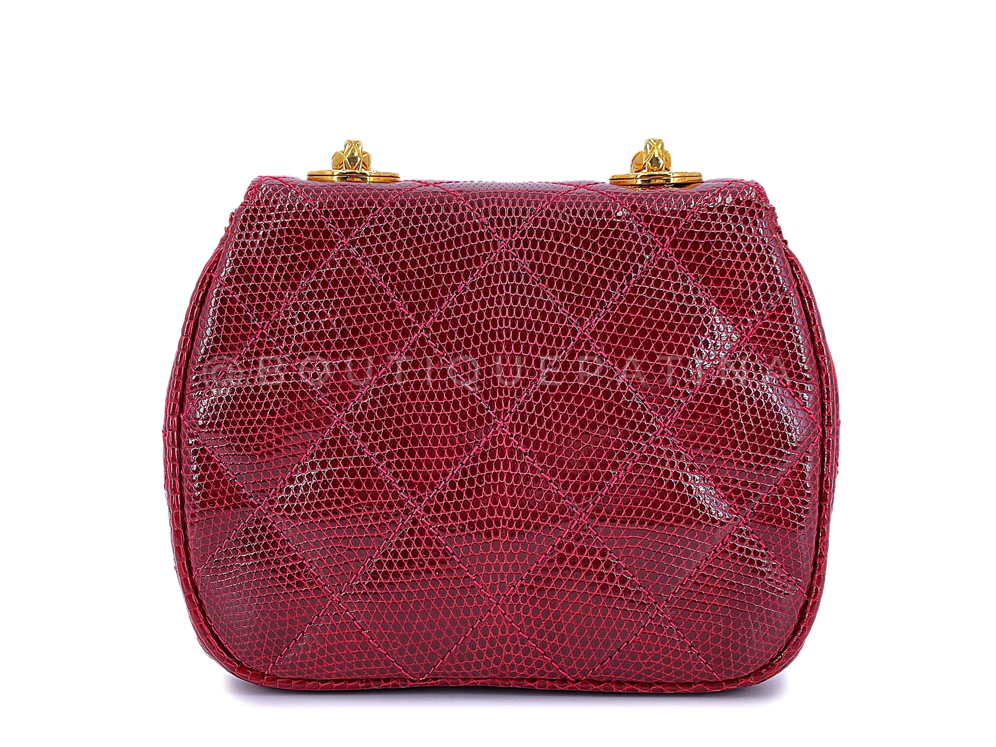 Chanel Vintage Lizard Mini Flap Bag 1980s Rare Red Etched Chain Round PSK - Image 5
