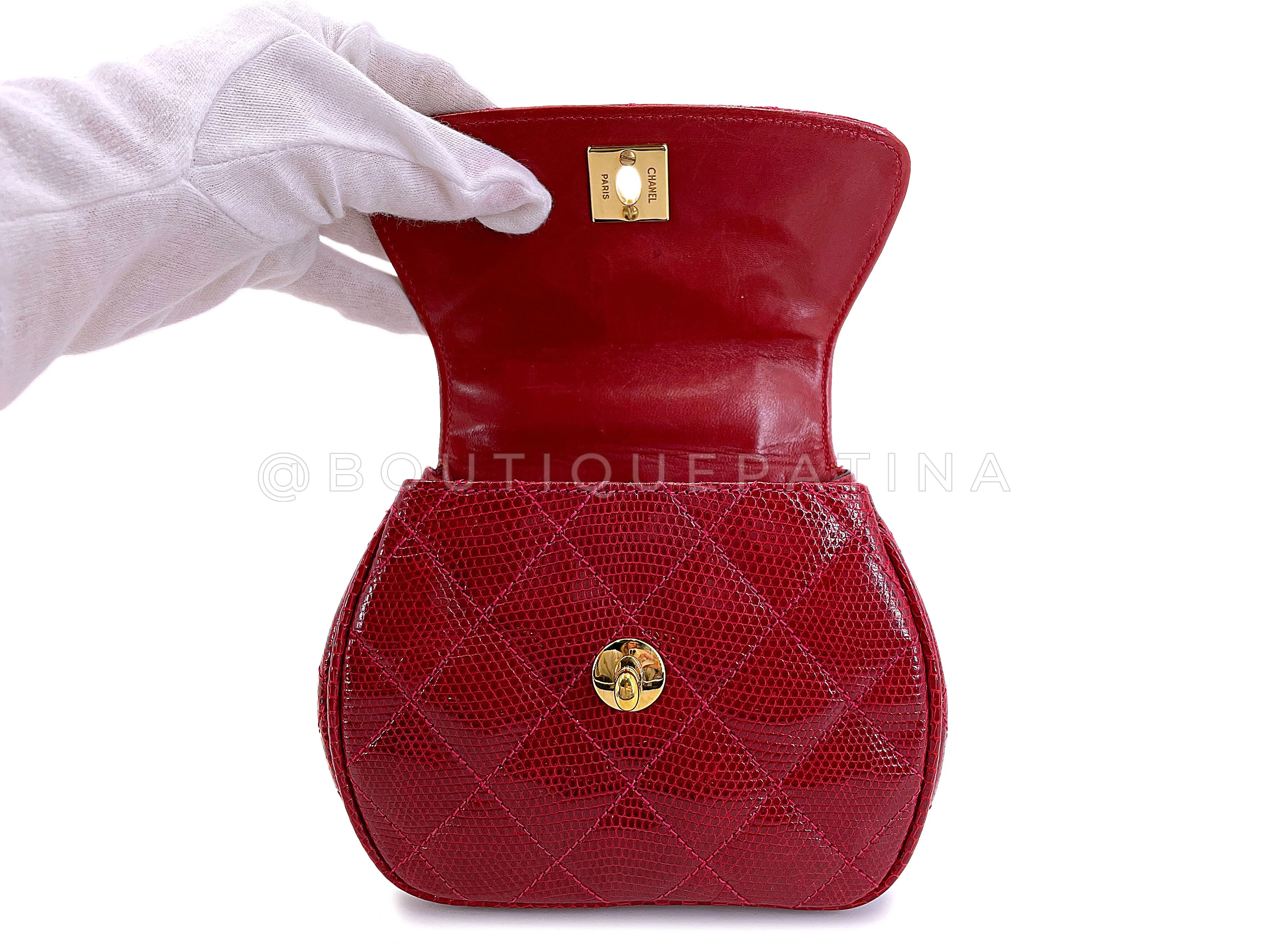 Chanel Vintage Lizard Mini Flap Bag 1980s Rare Red Etched Chain Round PSK - Image 9