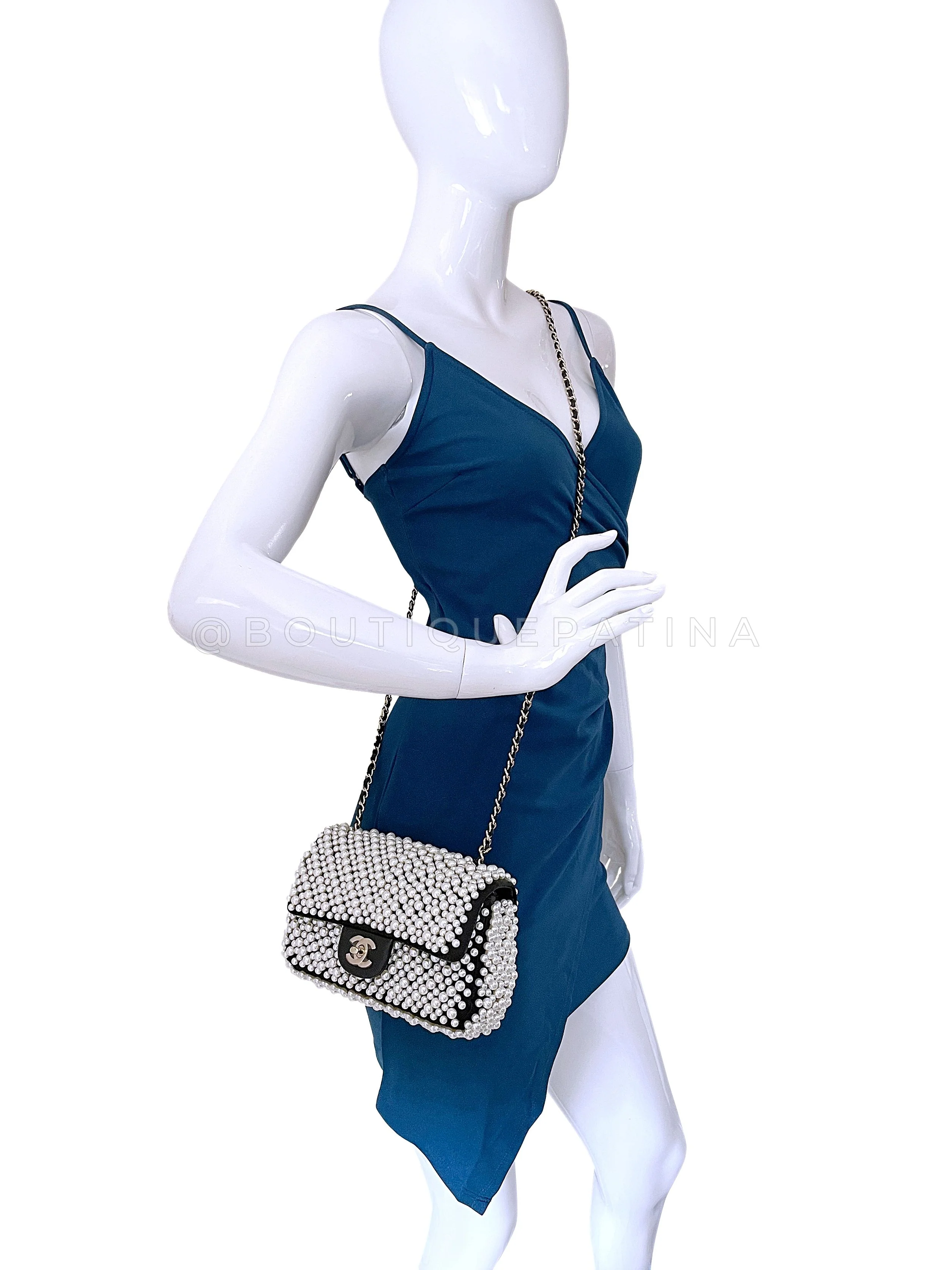 Rare 2019 Chanel Black Pearl Studded Mini Classic Flap Bag GHW - Image 14