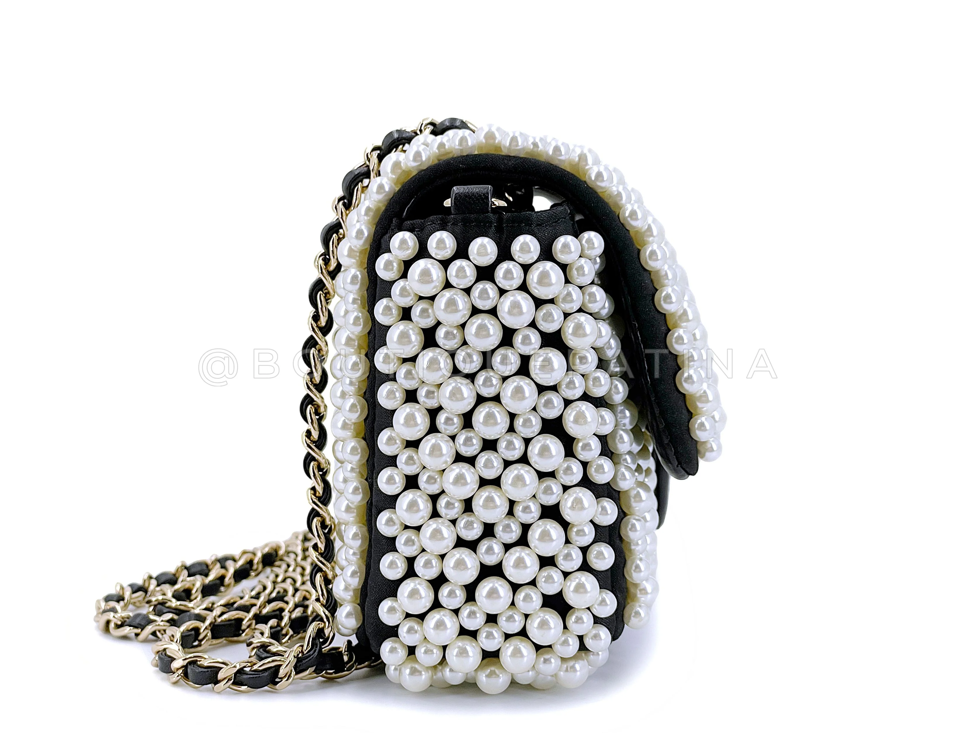 Rare 2019 Chanel Black Pearl Studded Mini Classic Flap Bag GHW - Image 4