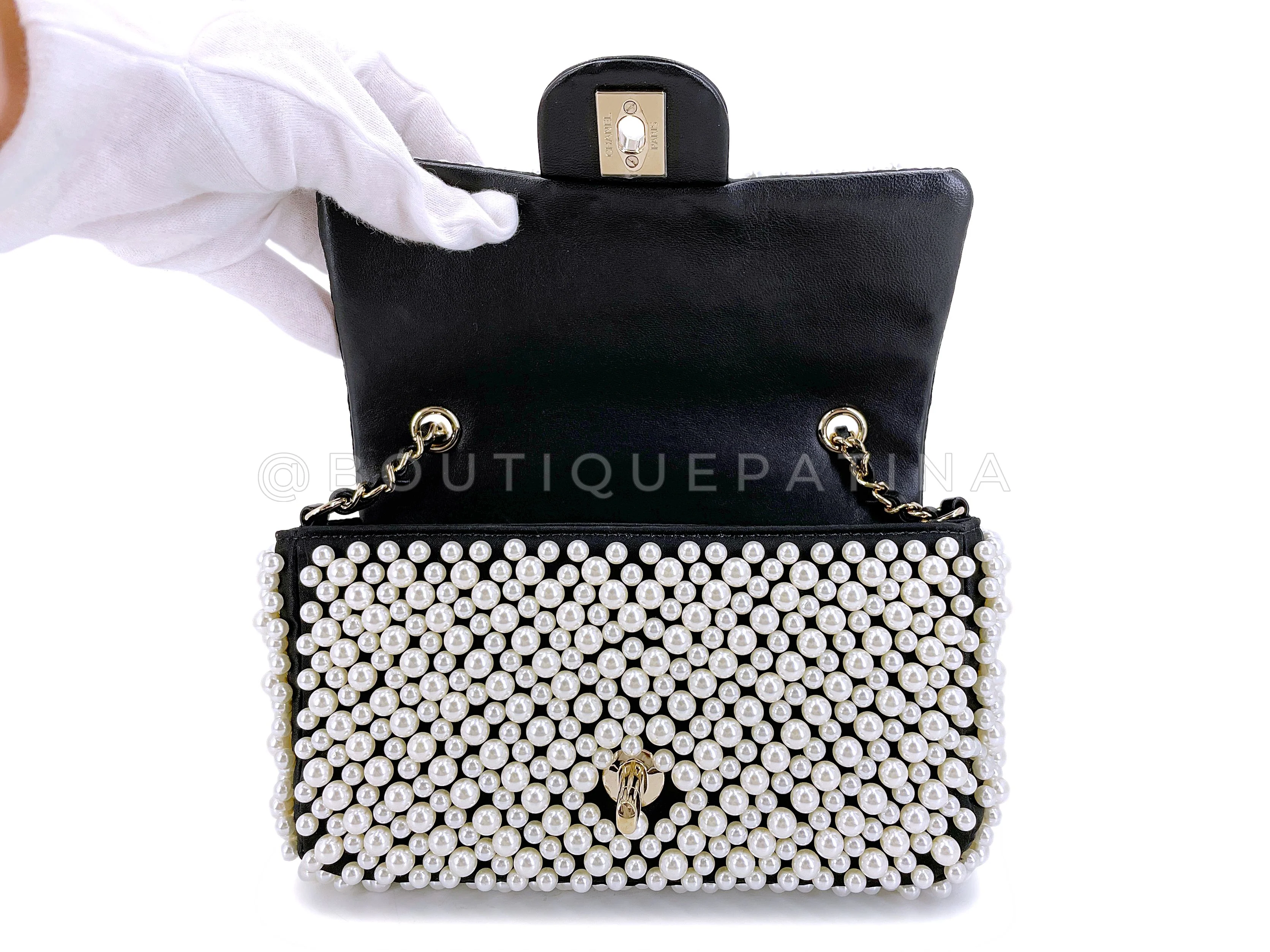 Rare 2019 Chanel Black Pearl Studded Mini Classic Flap Bag GHW - Image 9
