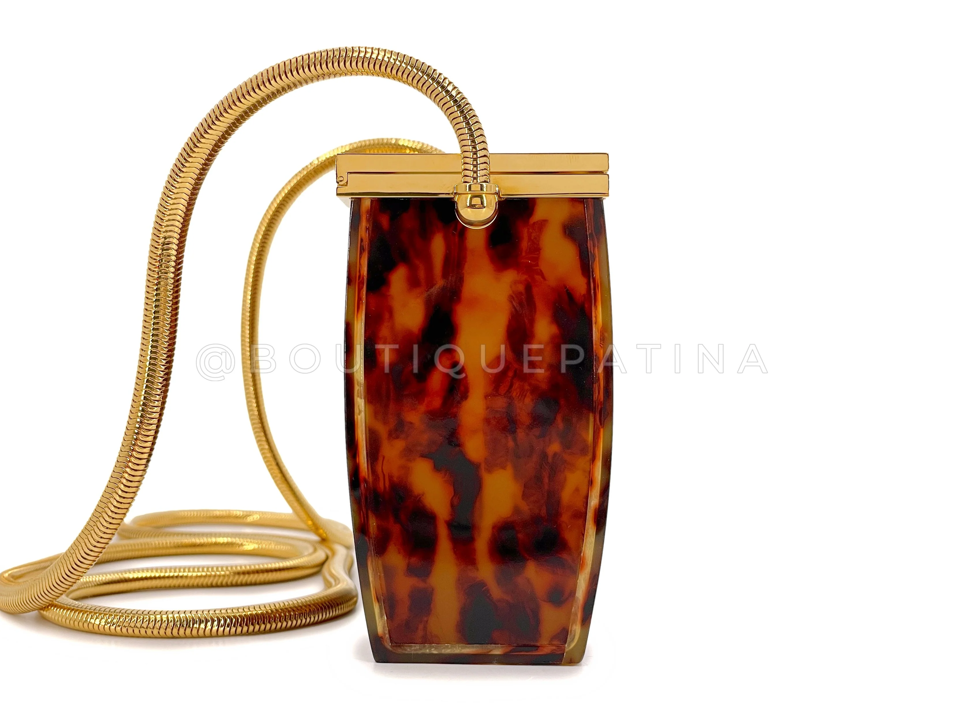 Chanel 1997 Tortoise Minaudière 24k Gold Plated Jumbo Snake Chain Evening Box Bag - Image 3