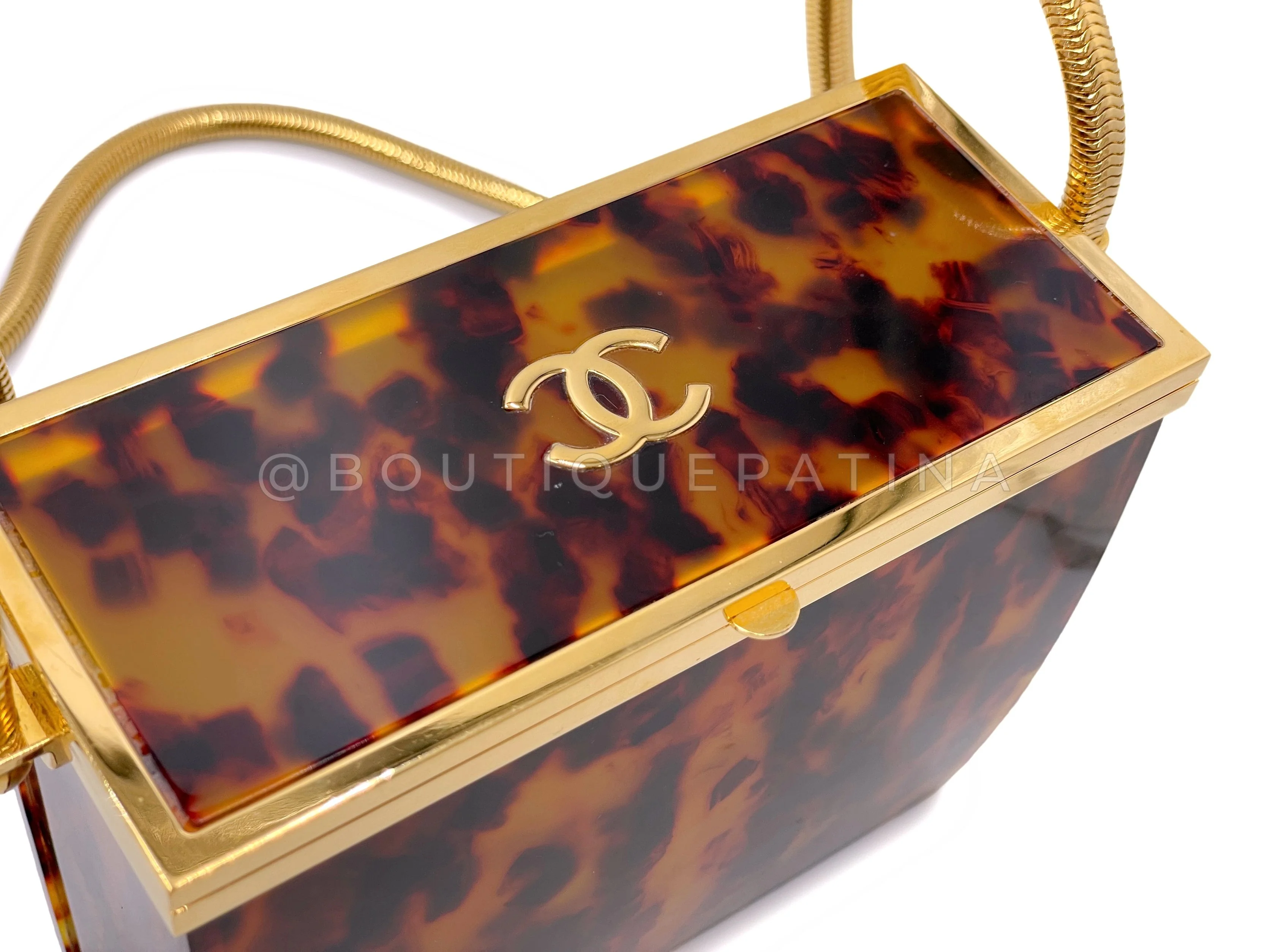 Chanel 1997 Tortoise Minaudière 24k Gold Plated Jumbo Snake Chain Evening Box Bag - Image 7