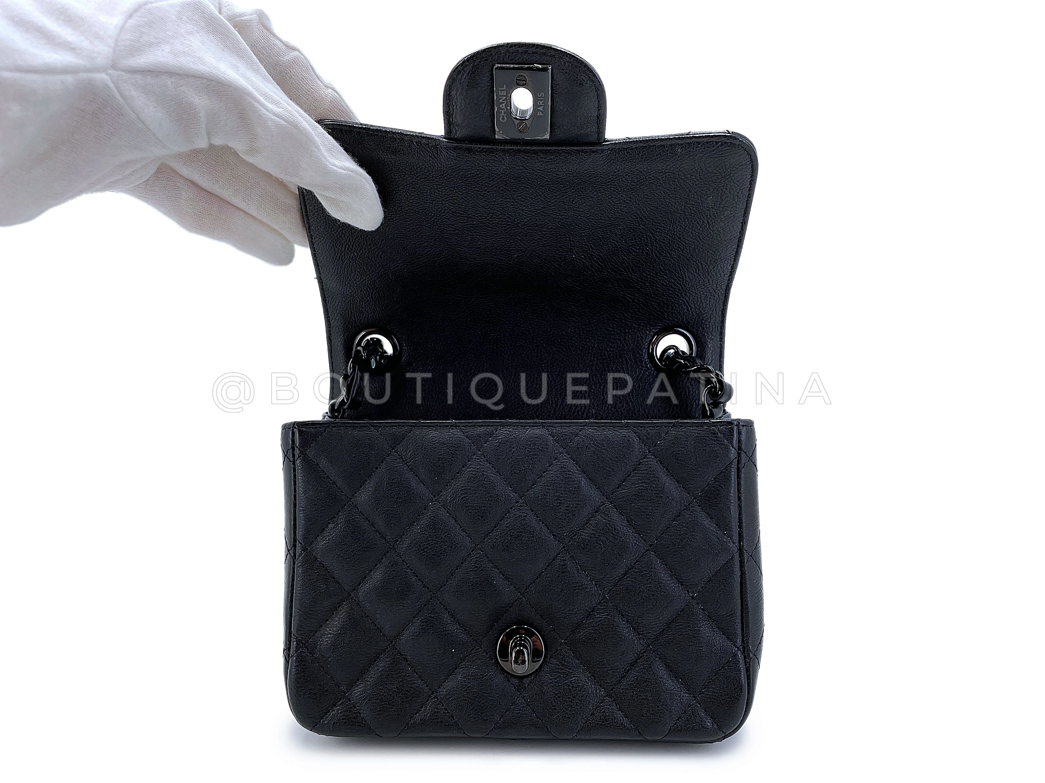 Rare Chanel So Black Crumpled Calfskin Classic Square Mini Flap Bag - Image 9