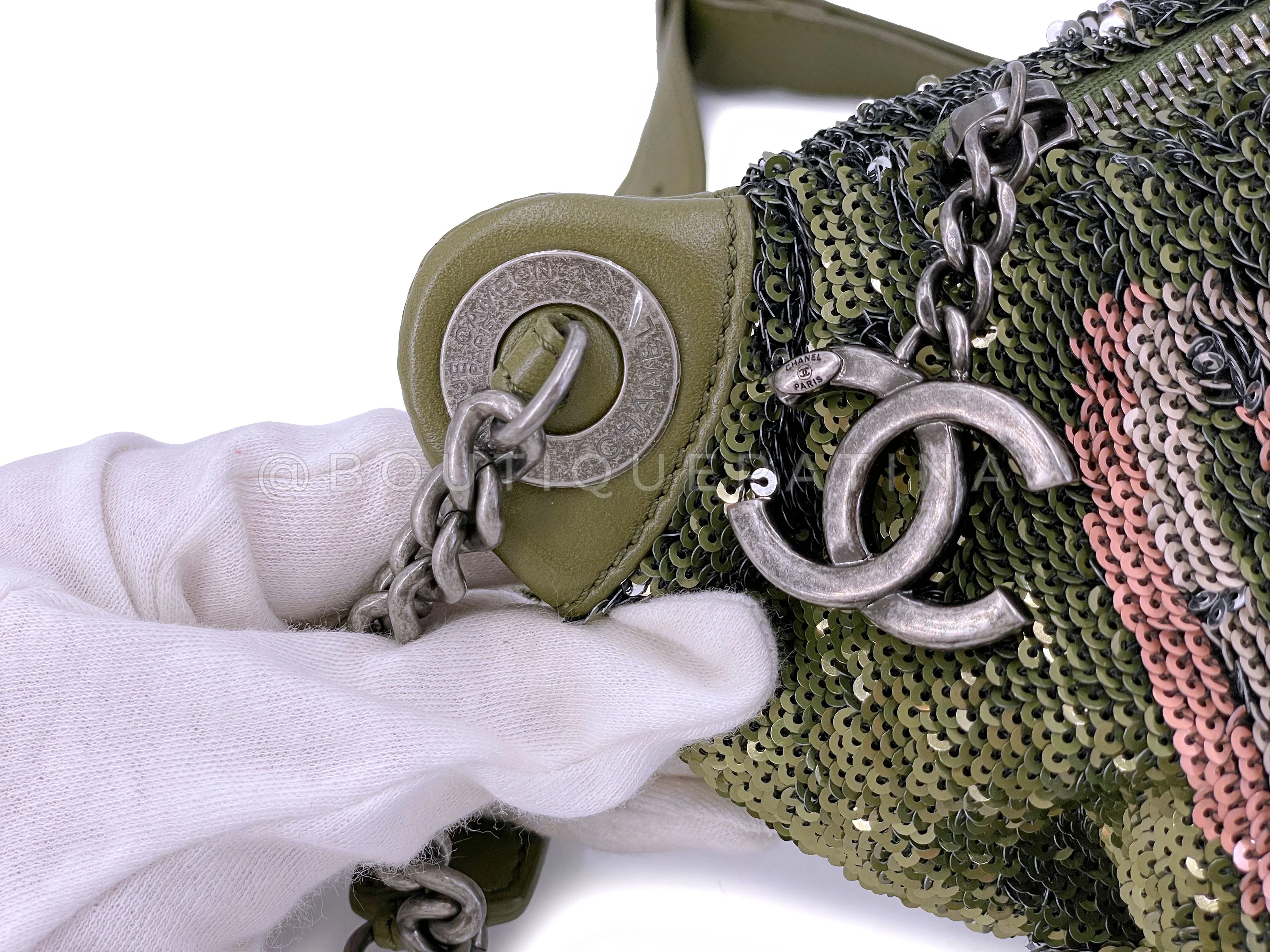 Chanel 17C Green Pink Sequin Coco Cuba Fanny Pack Belt Bum Bag L29 - Image 8