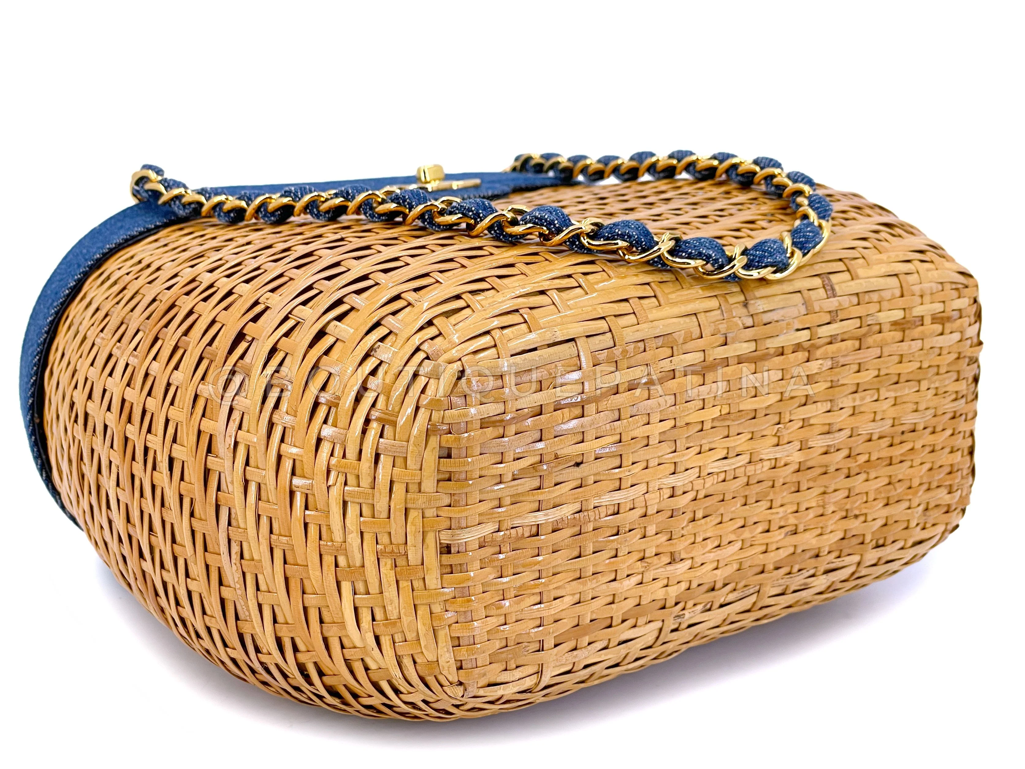 Chanel Vintage Denim and Wicker Round Basket Bag 24k GHW - Image 7
