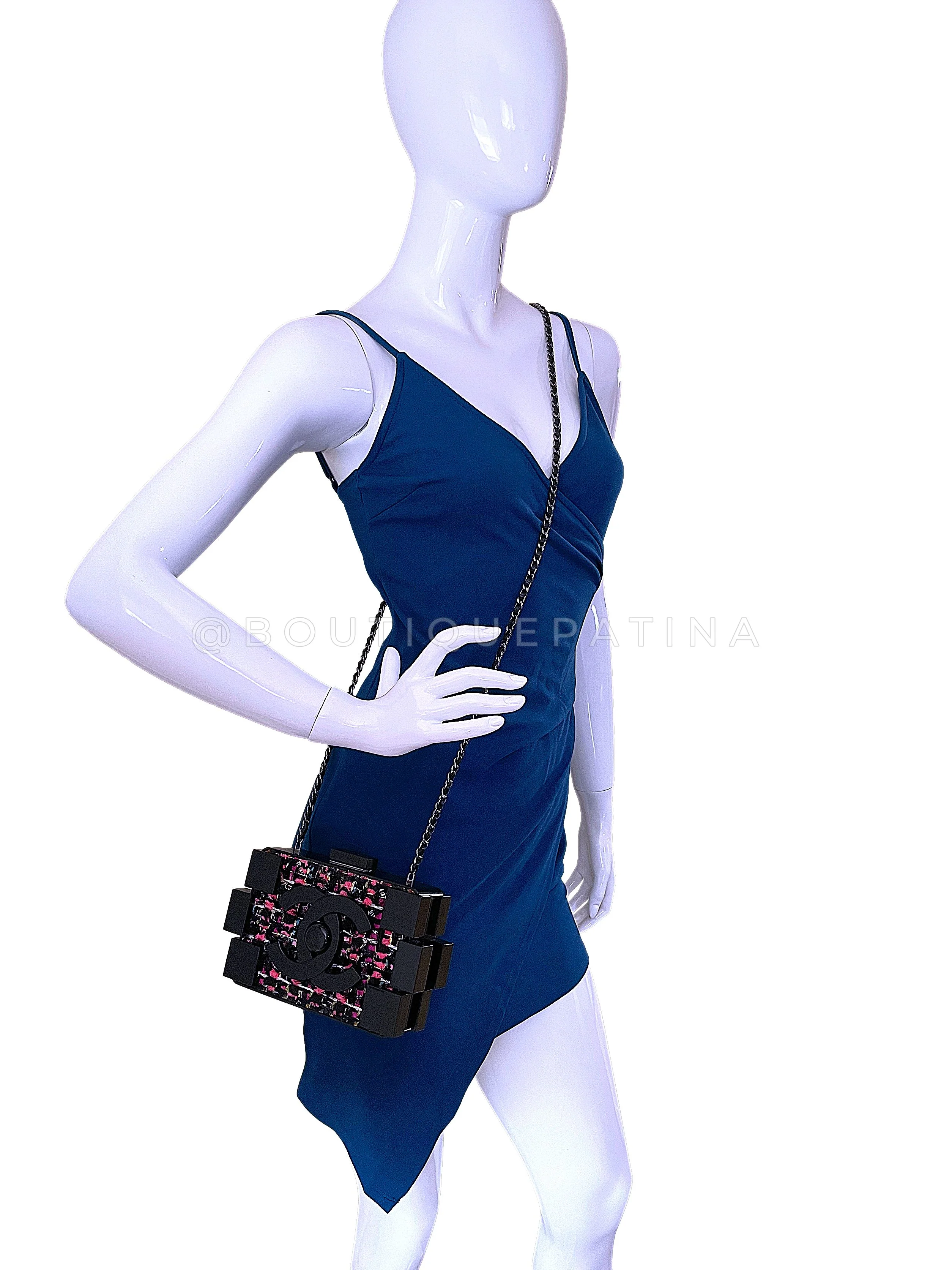 Chanel 2013 Fuchsia Black Tweed Lego Brick Minaudière Clutch Bag RHW Plexiglass F95 - Image 16
