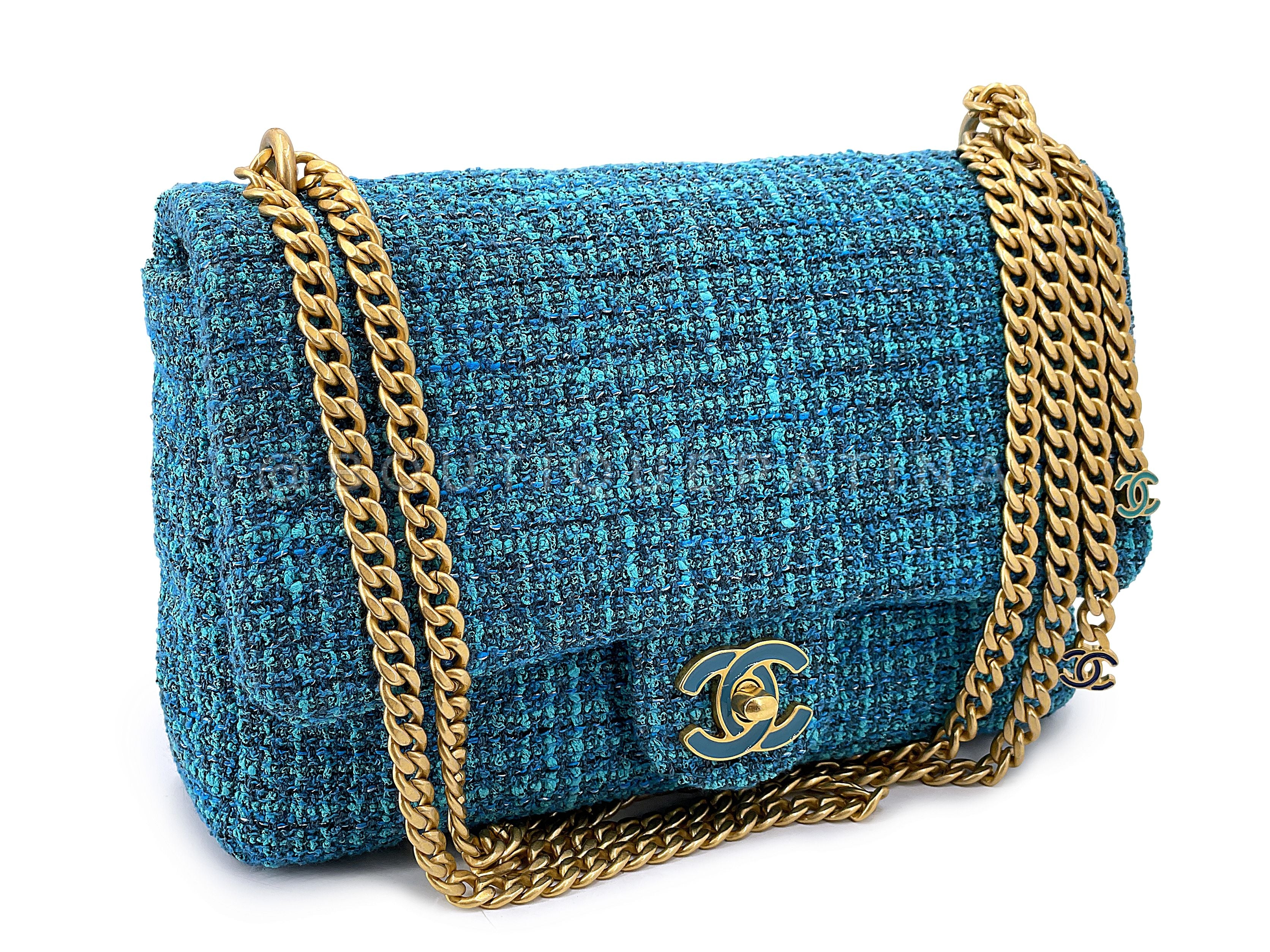 Chanel Rare Teal Blue Tweed Enamel CC Tassel Classic Flap Bag GHW - Image 2