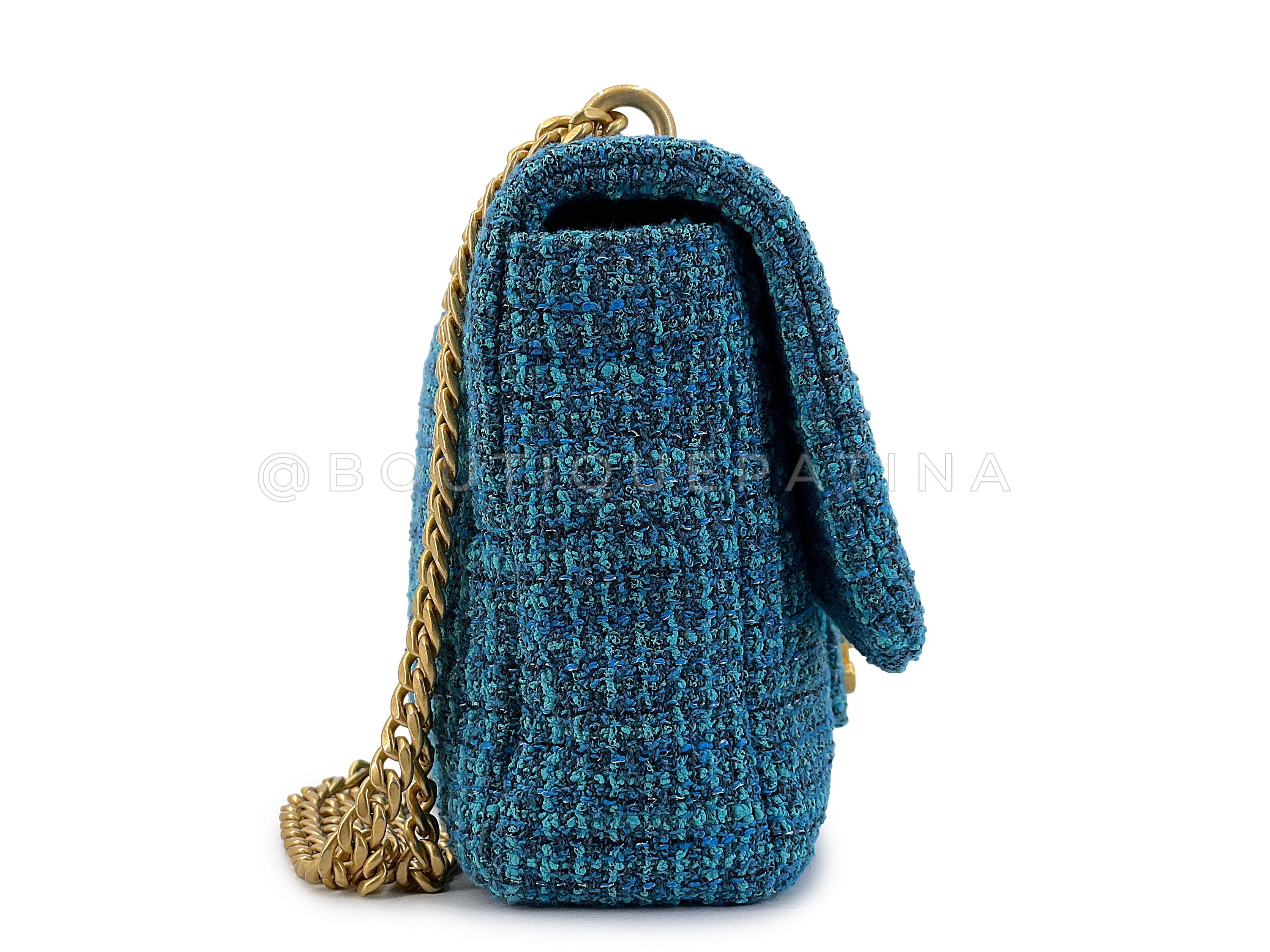Chanel Rare Teal Blue Tweed Enamel CC Tassel Classic Flap Bag GHW - Image 4