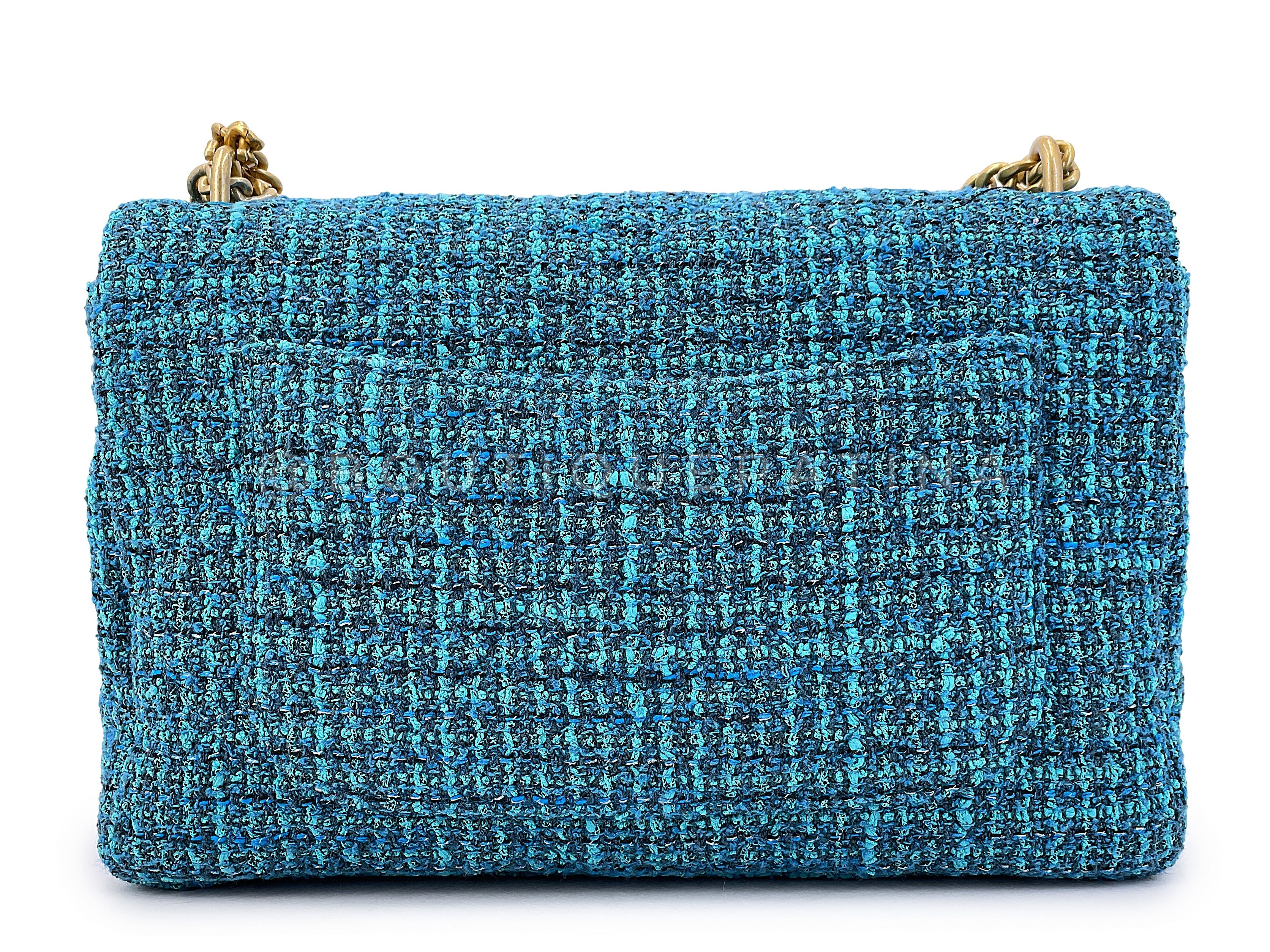 Chanel Rare Teal Blue Tweed Enamel CC Tassel Classic Flap Bag GHW - Image 5