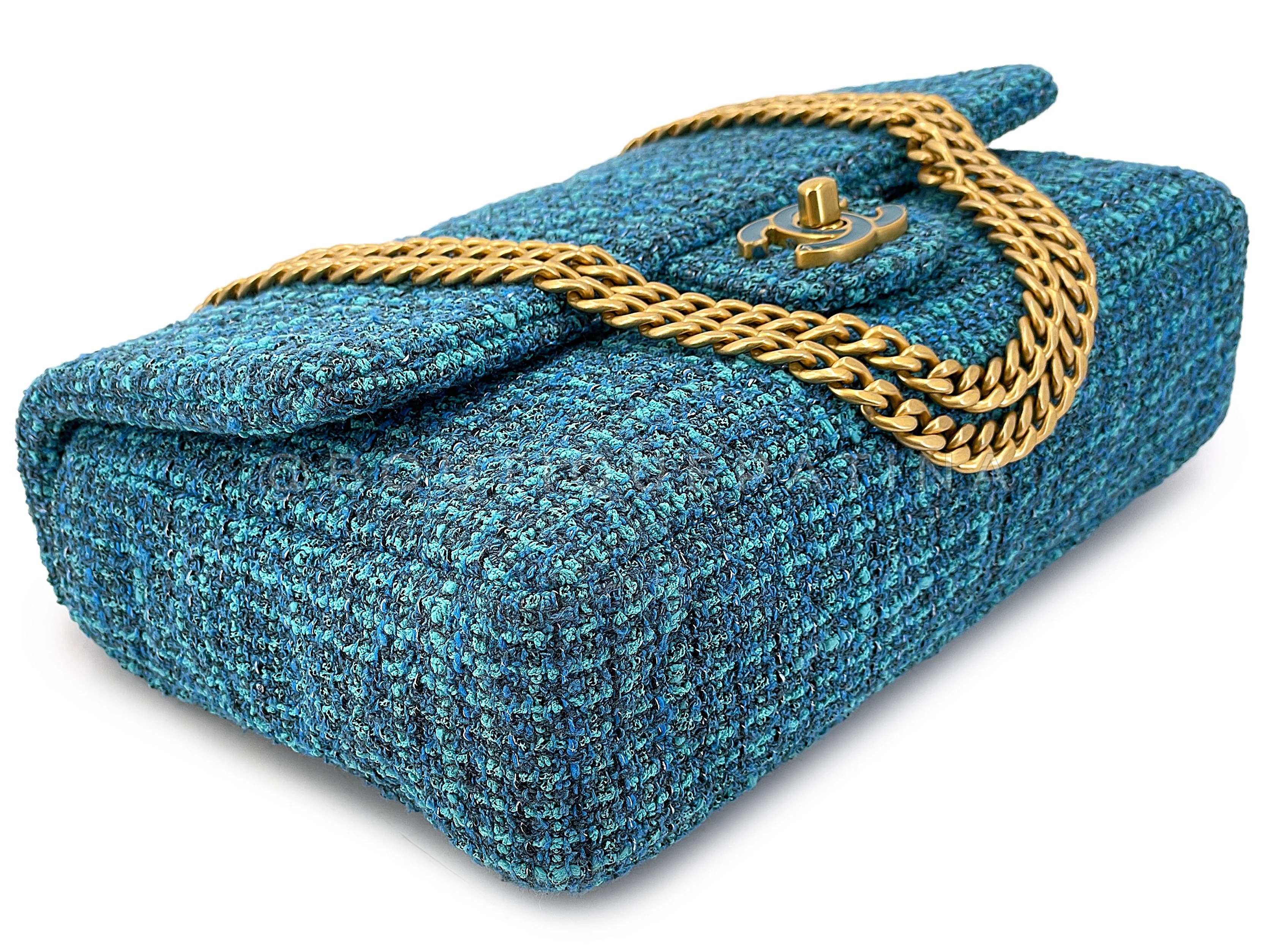 Chanel Rare Teal Blue Tweed Enamel CC Tassel Classic Flap Bag GHW - Image 7