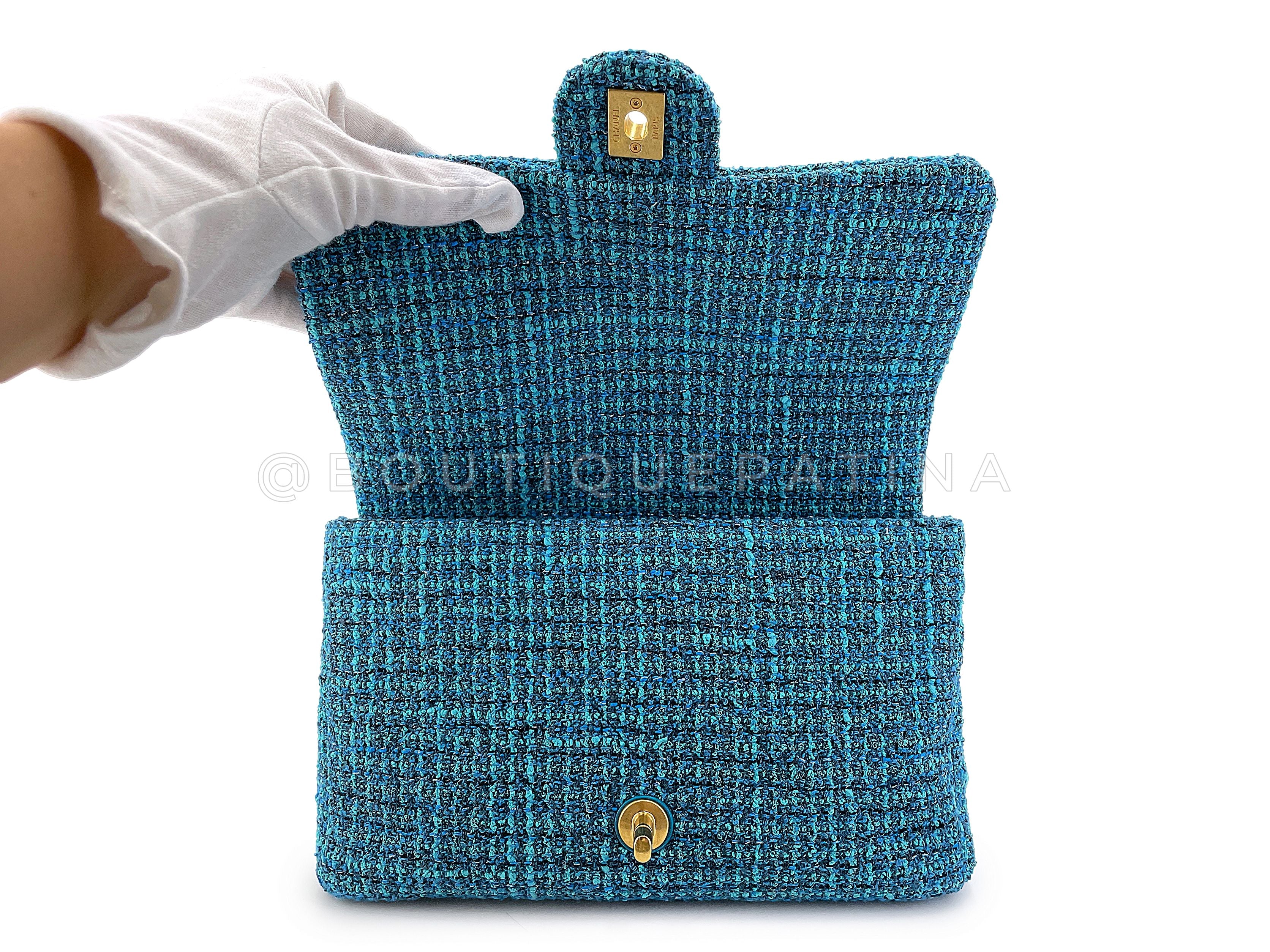 Chanel Rare Teal Blue Tweed Enamel CC Tassel Classic Flap Bag GHW - Image 9
