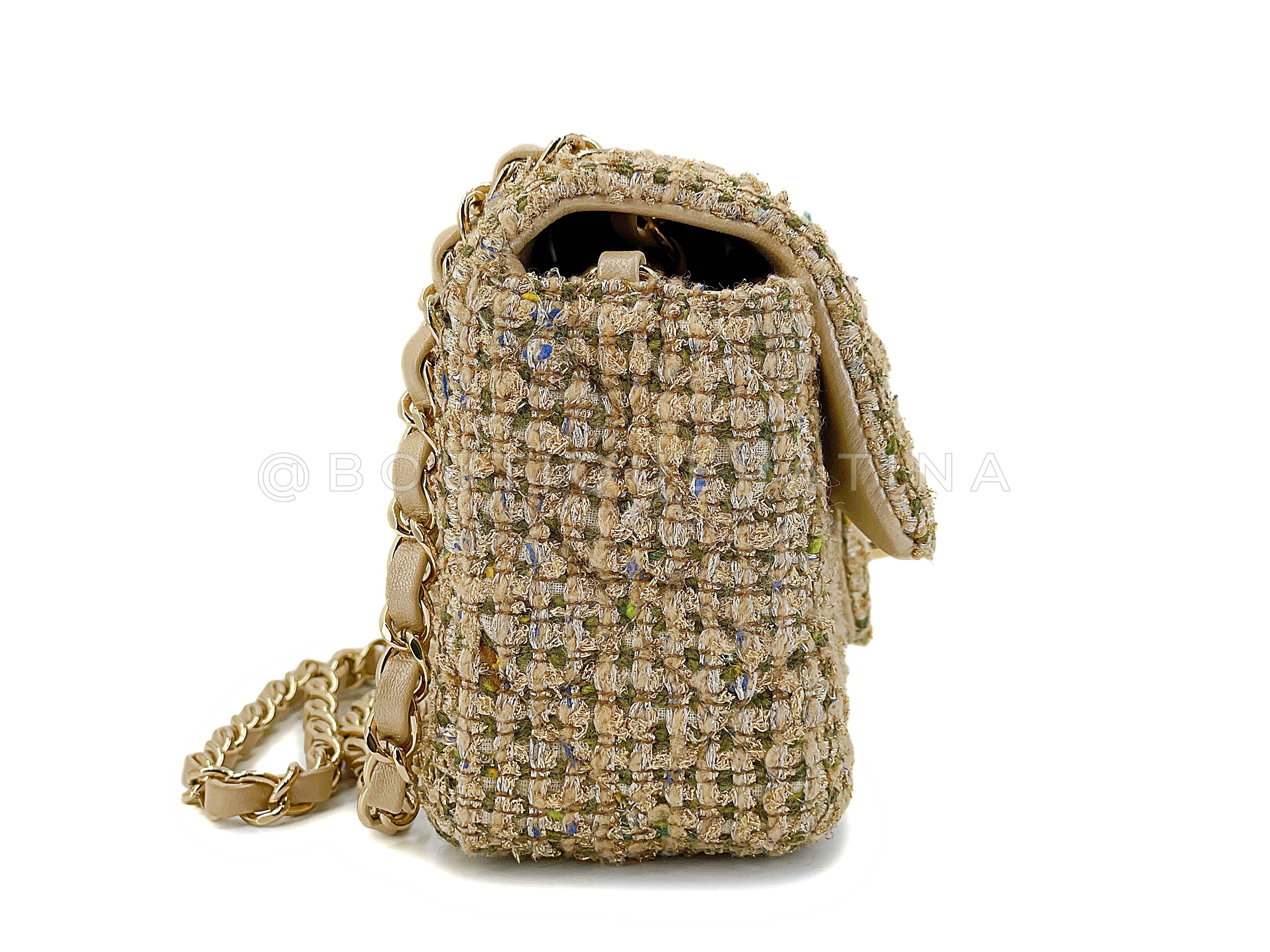 Chanel Caramel Beige Gold Tweed Rectangular Mini Flap Bag GHW - Image 4
