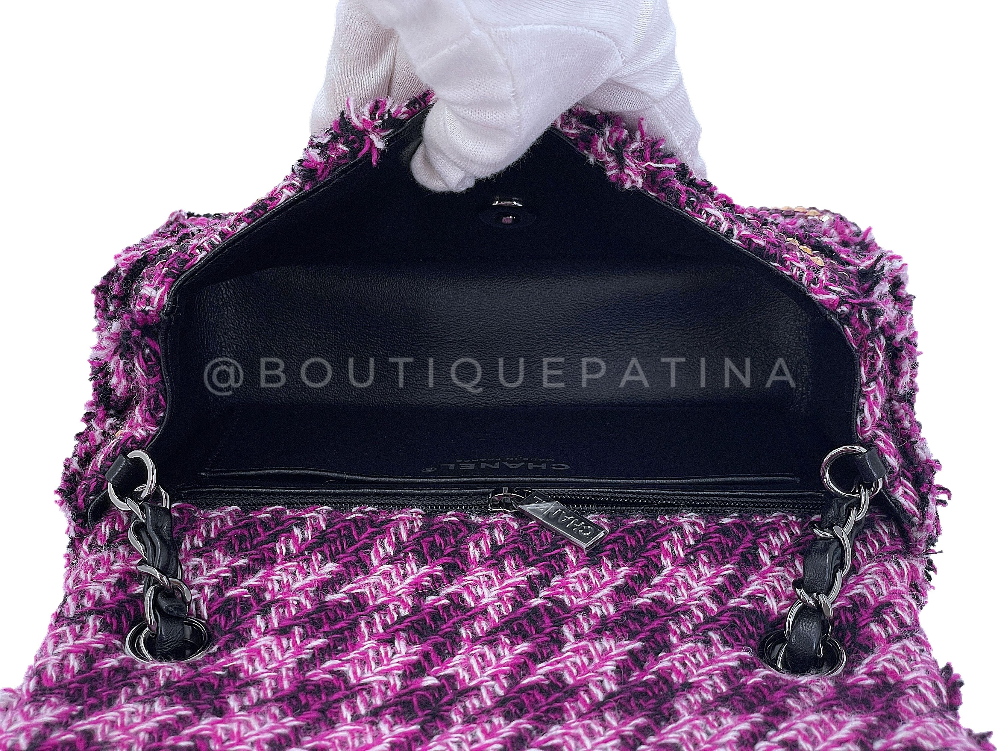 Chanel 2020 Violet Fuchsia Pink Crystals Wild Tweed Rectangular Mini Flap Bag RHW - Image 10