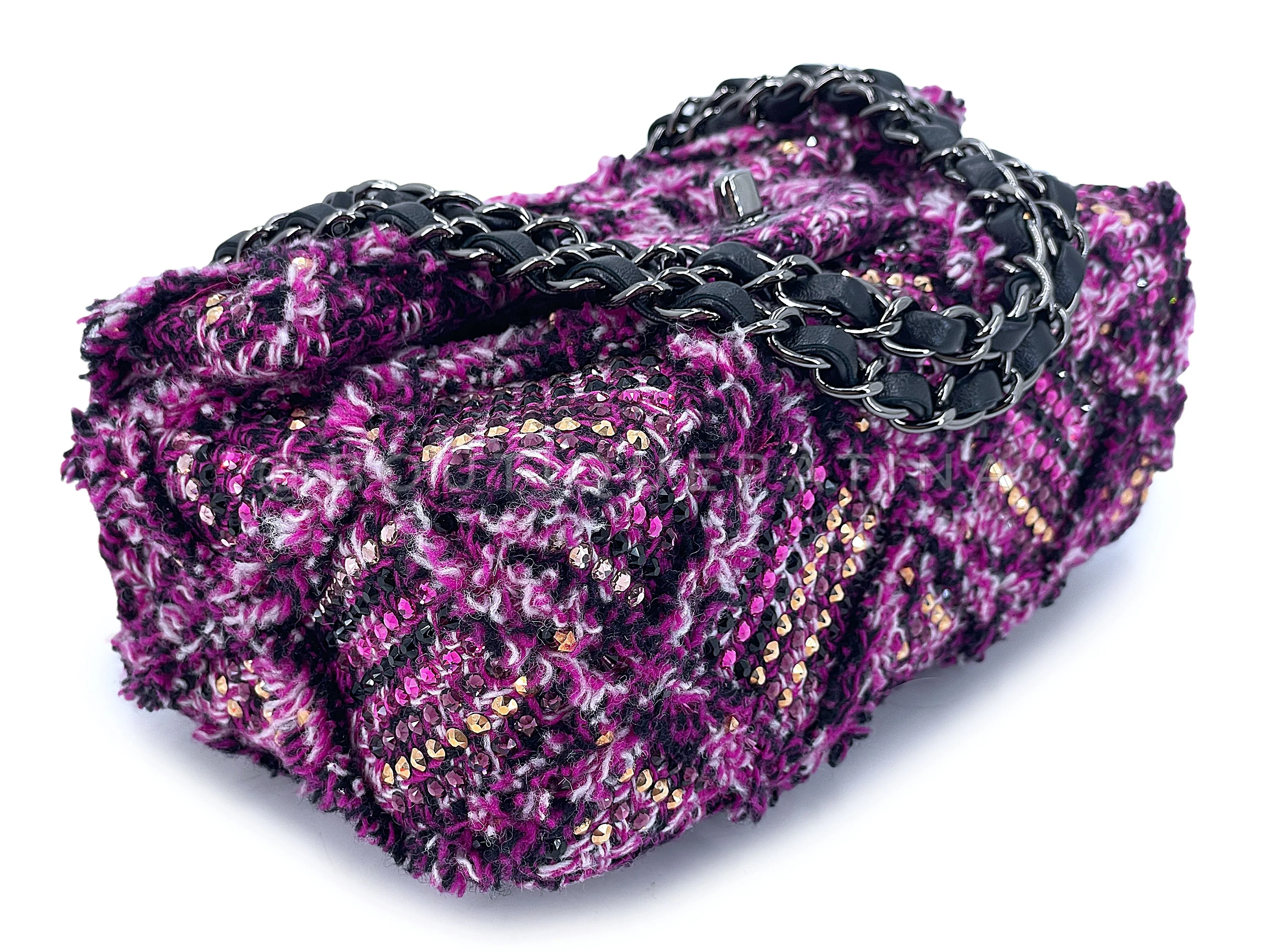 Chanel 2020 Violet Fuchsia Pink Crystals Wild Tweed Rectangular Mini Flap Bag RHW - Image 7