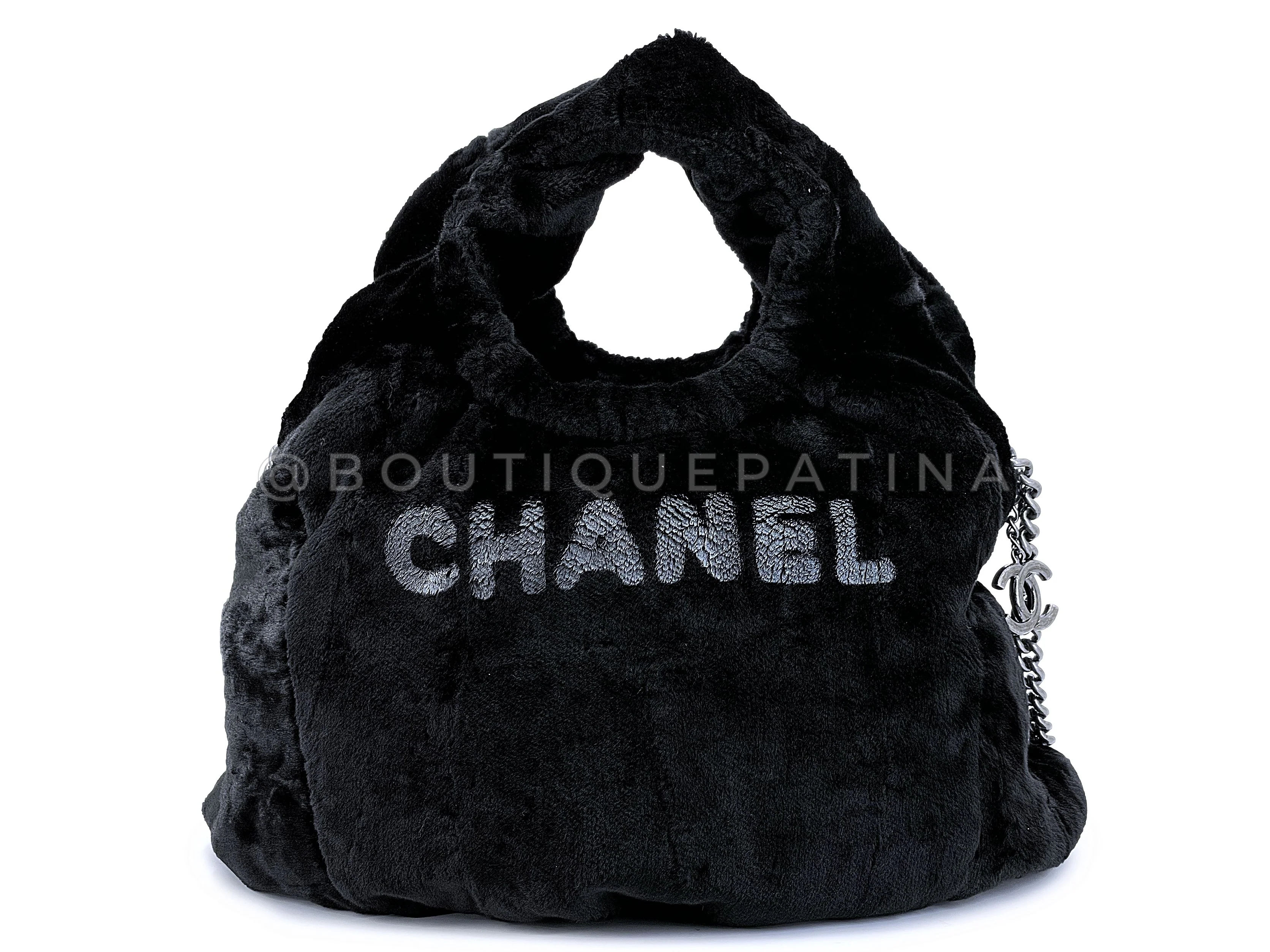 Rare Chanel 2010 Black Logo Fur Hobo Tote Bag SHW D7D - Image 4