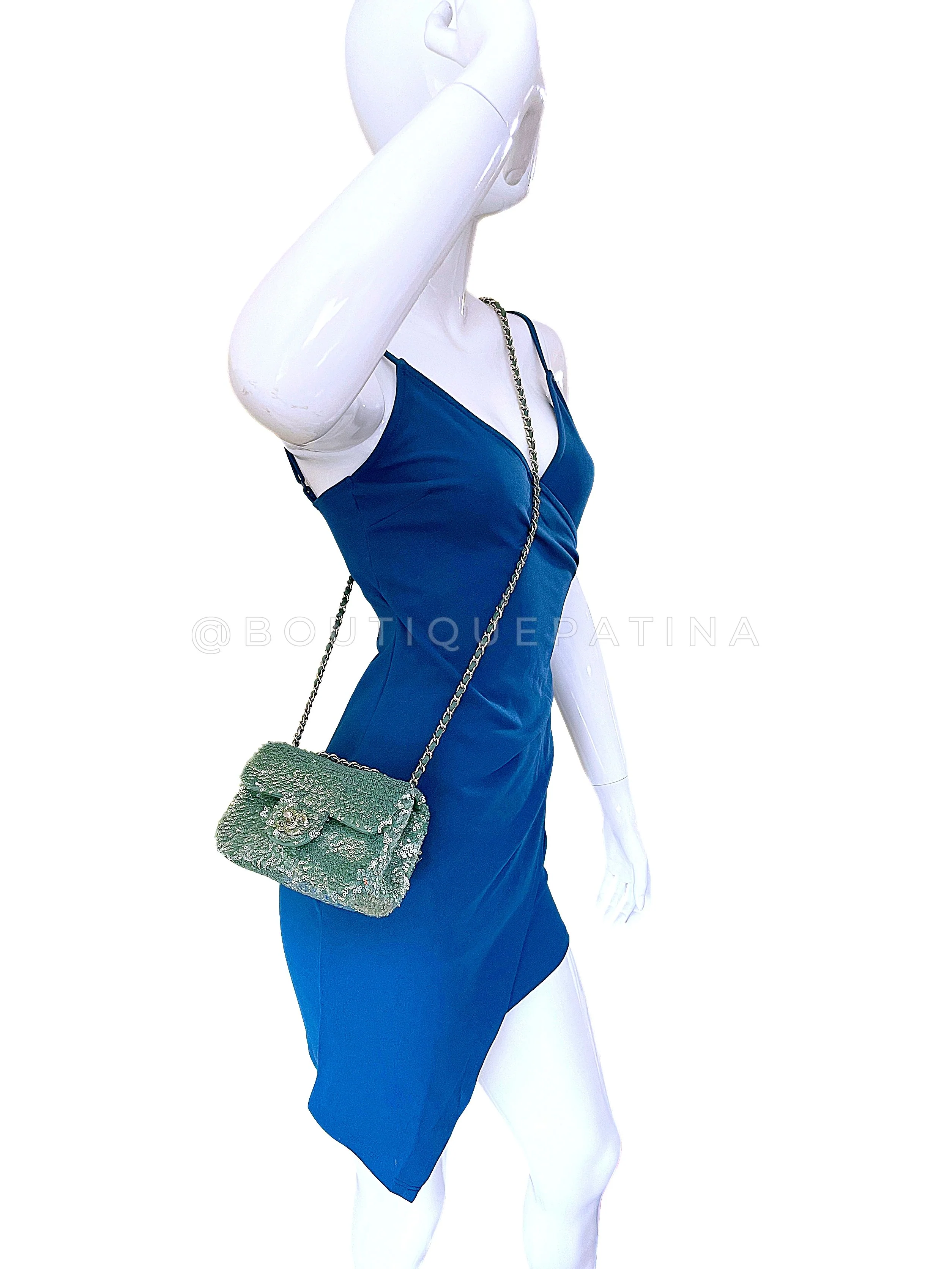 Rare Chanel Mermaid Green Sequins Mini Flap Bag Etched CC SHW - Image 15