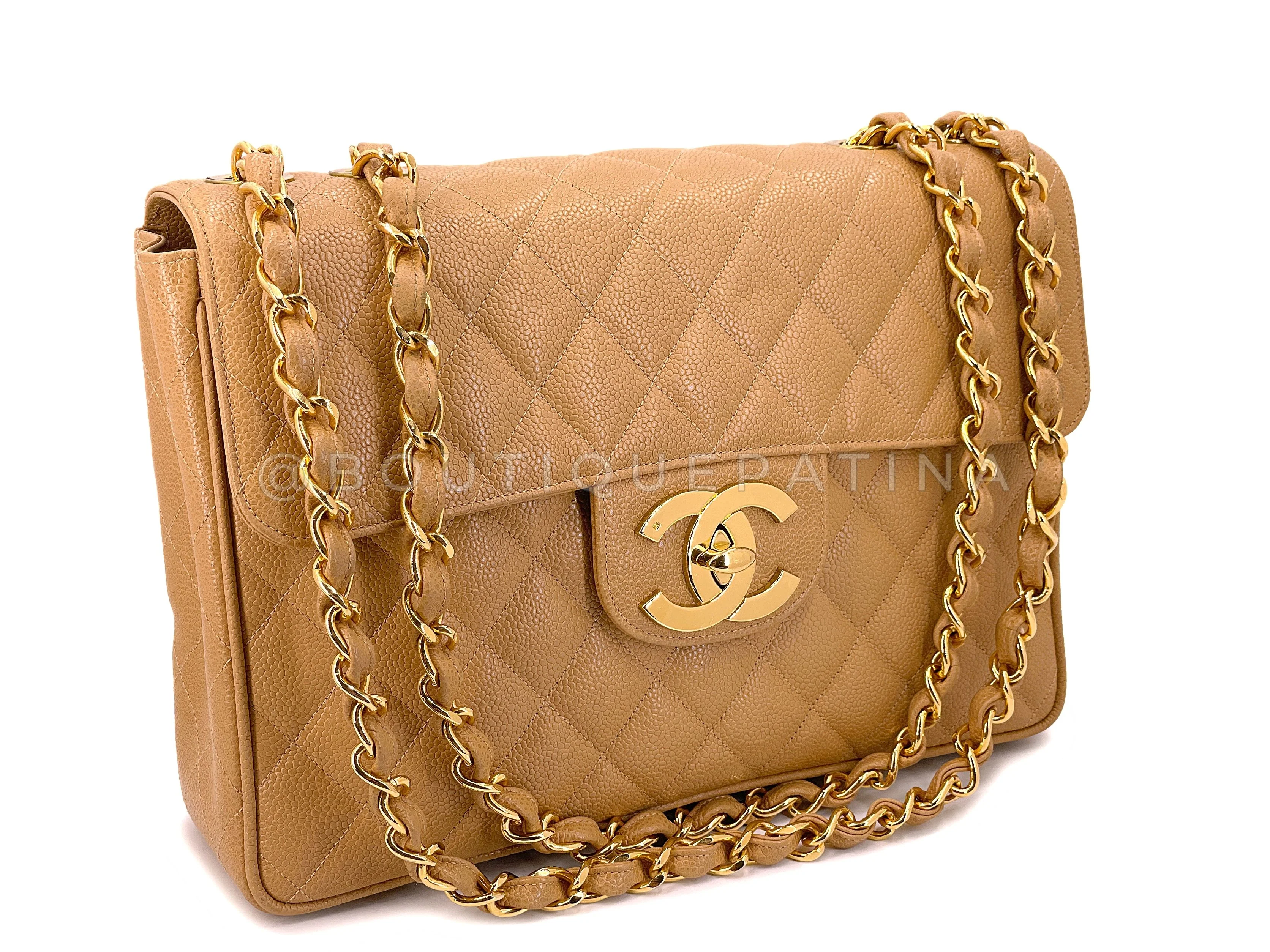 Chanel 1994 Vintage Caramel Beige Caviar Jumbo Classic Flap Bag 24k GHW I7H - Image 2