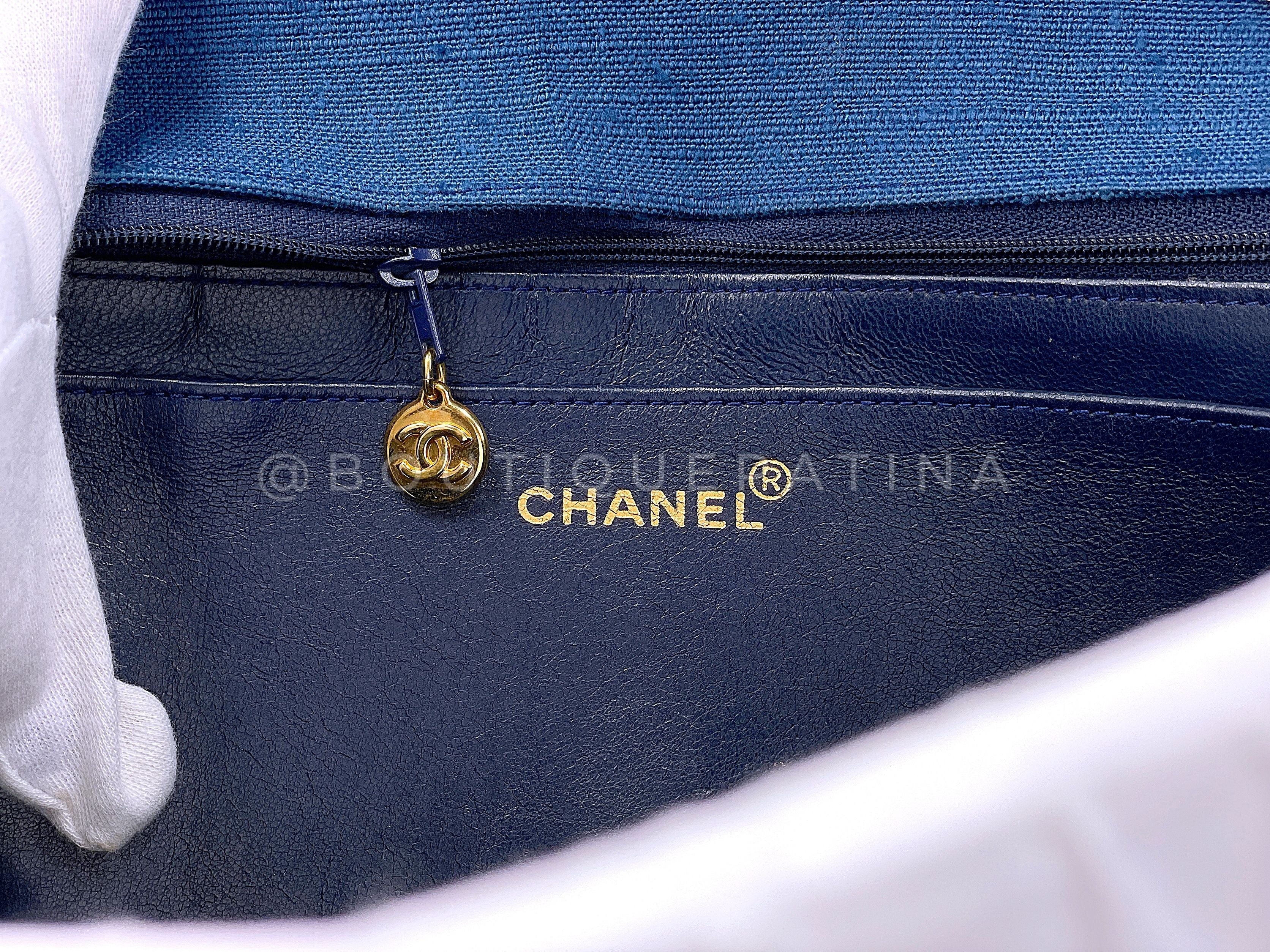 Chanel 1994 Vintage Dark Blue Linen Canvas Classic Maxi Flap Bag 24k GHW - Image 11