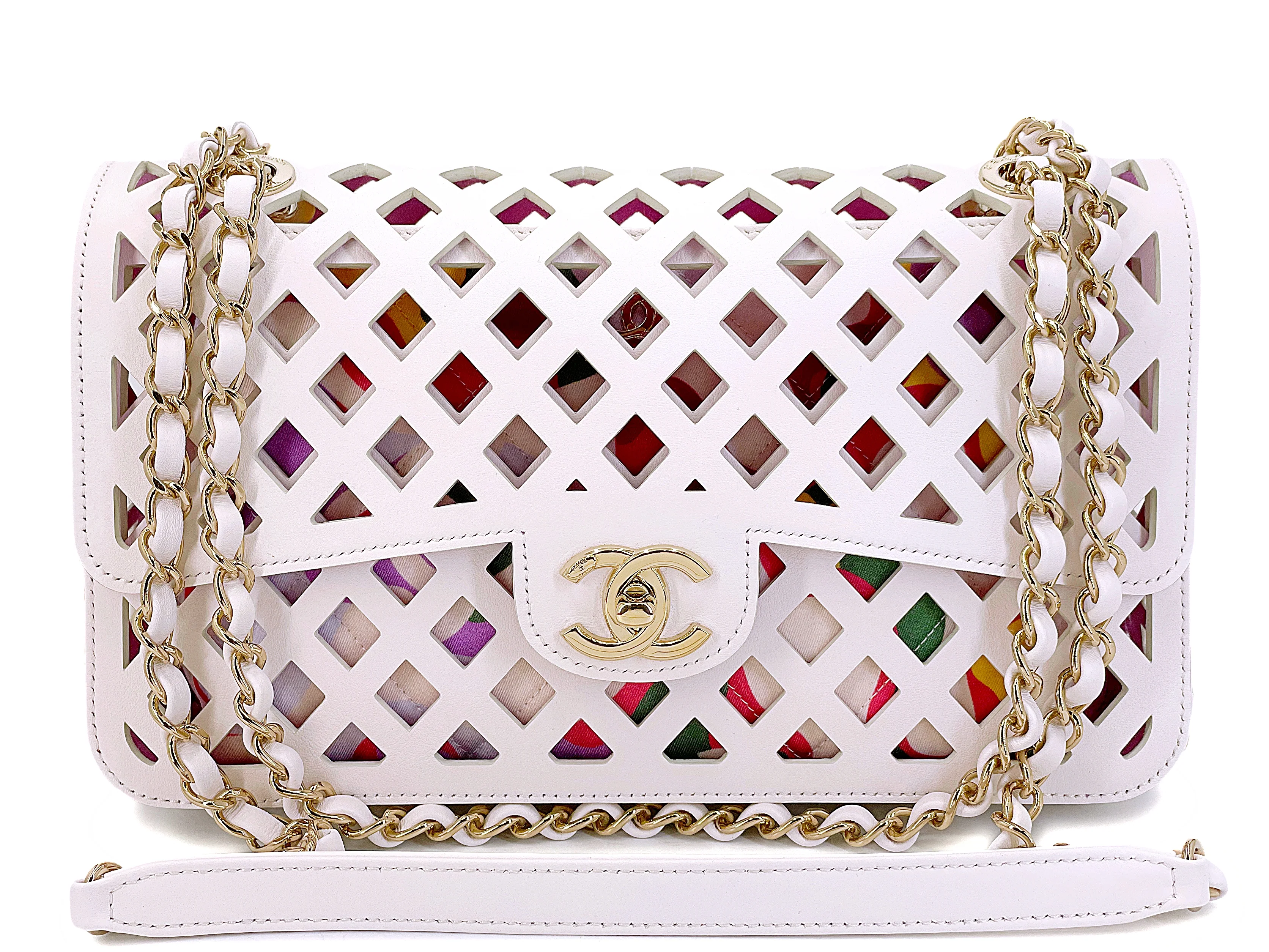 Chanel White Pink Diamond Cutout See Through Medium Flap Bag GHW F6M