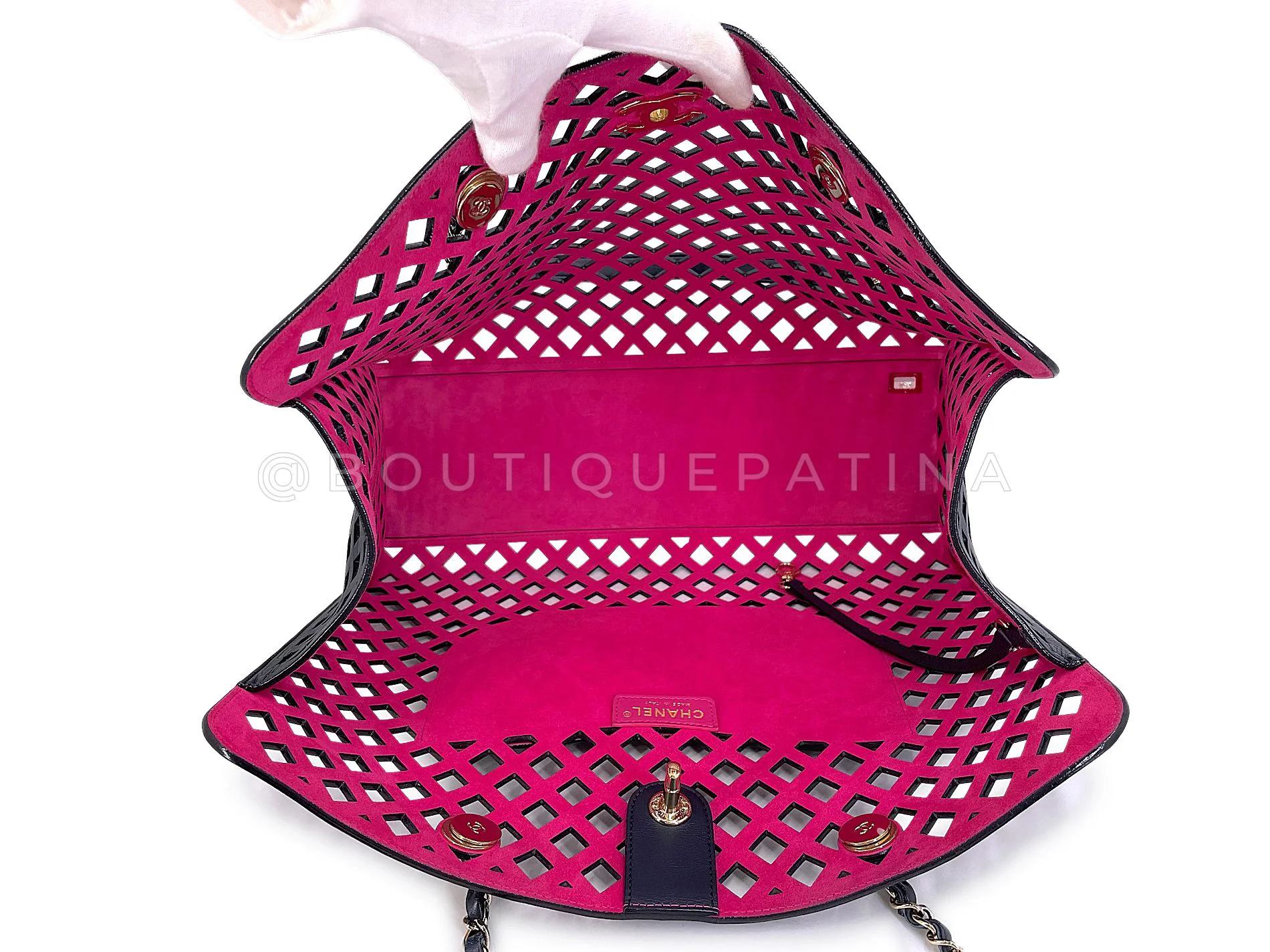 Chanel Black Fuchsia Pink Diamond Cutout Shopper Tote Bag 4FE - Image 14