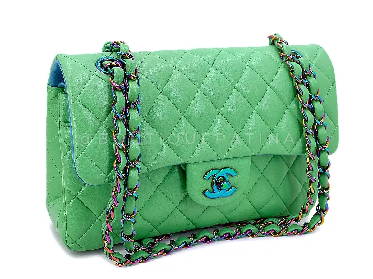 Chanel 2021 Green Small Classic Double Flap Bag Rainbow HW - Image 2