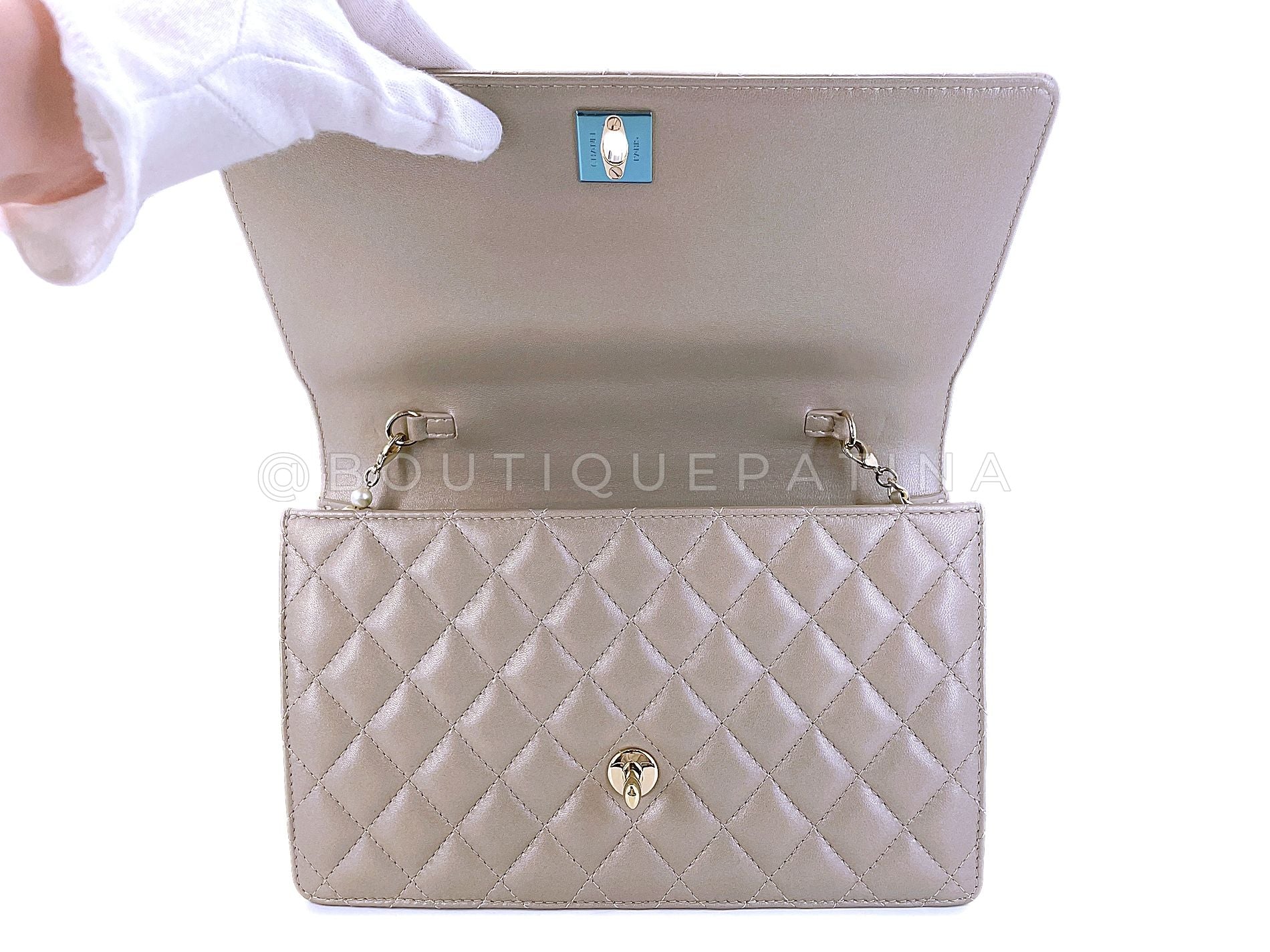 Chanel Metallic Taupe Fantasy Pearl Clutch on Chain Crossbody Flap Bag - Image 10