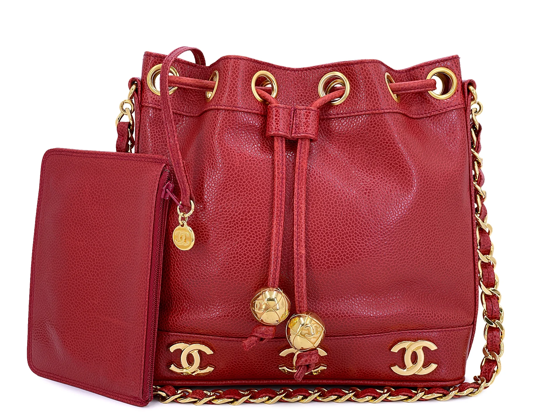 Chanel 1994 Vintage Red Caviar Mini Drawstring 6-CC Rectangular Bucket Bag 24k GHW 7I6
