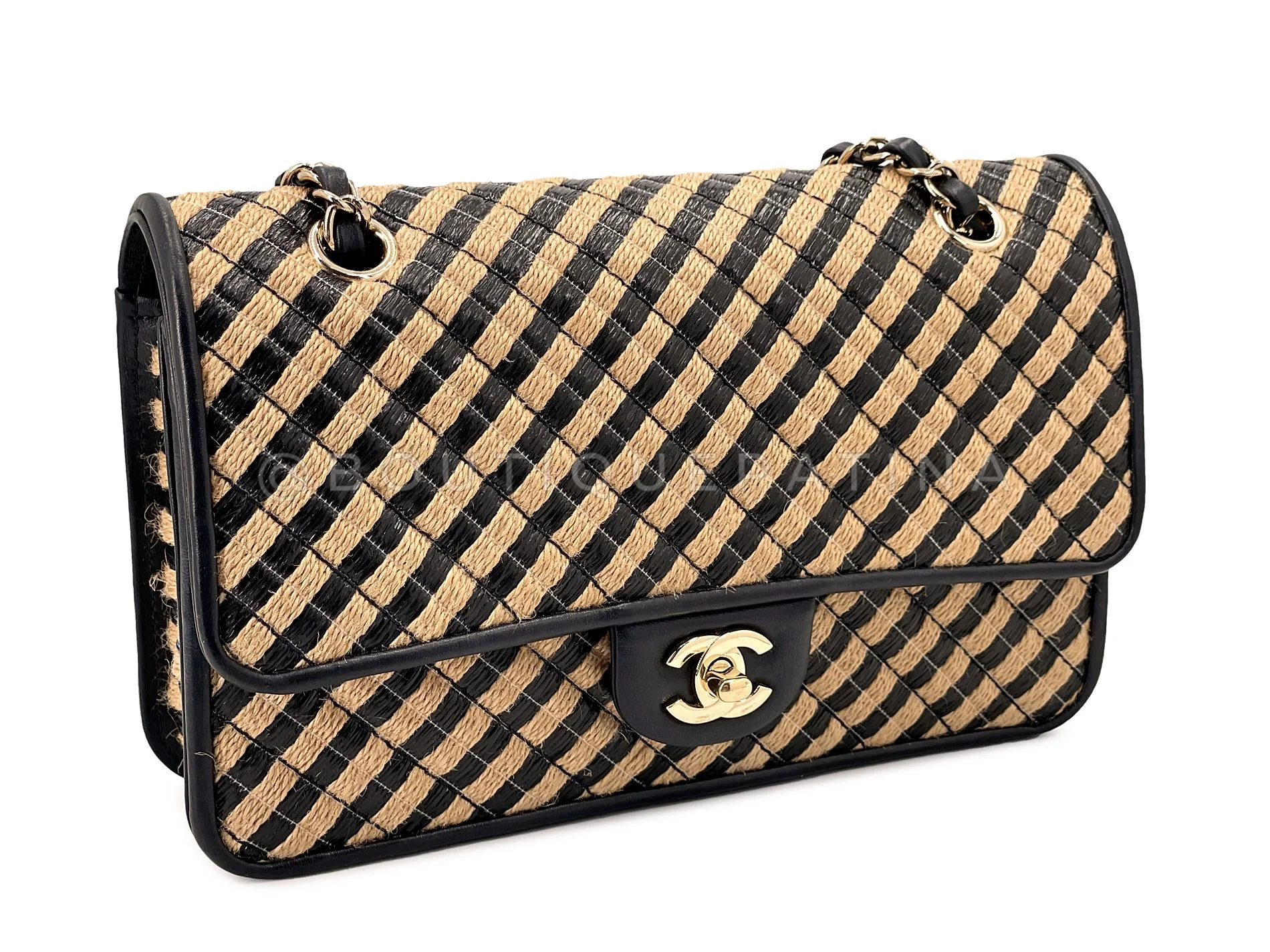 Chanel Straw Raffia Medium Urban Jungle Classic Flap Bag Black Beige GHW - Image 3