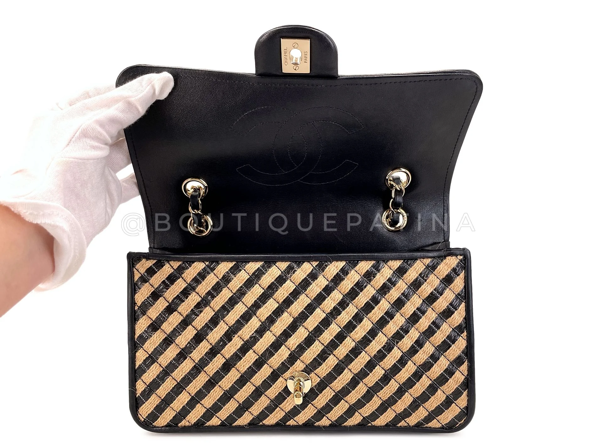 Chanel Straw Raffia Medium Urban Jungle Classic Flap Bag Black Beige GHW - Image 9