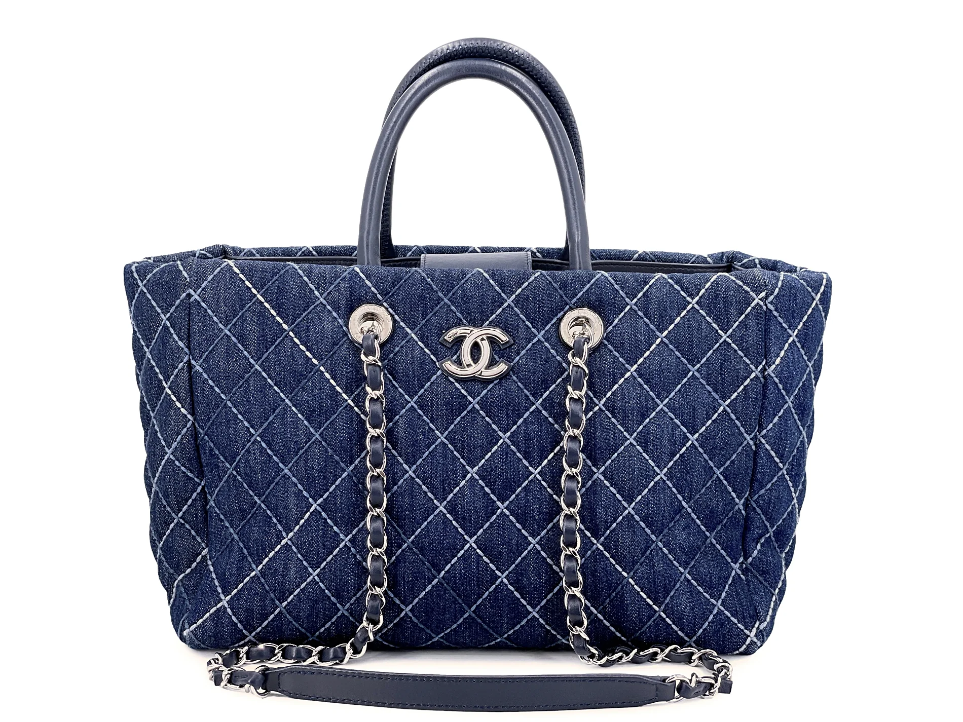Chanel Blue Denim Contrast Stitch Convertible Shopper Tote Bag SHW BKZ
