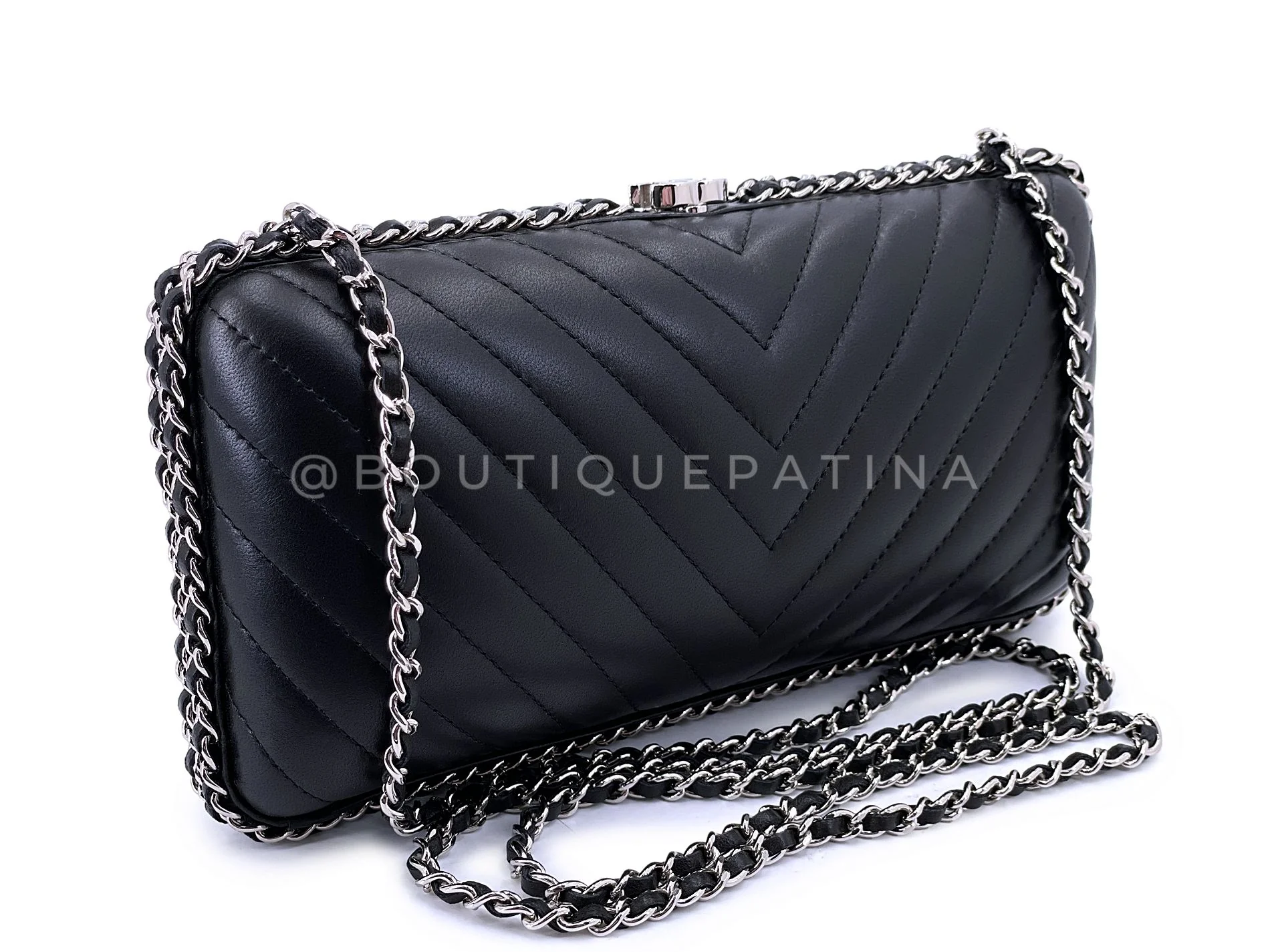 Chanel 2015 Black Chevron Hard Clutch on Chain Minaudière Evening Bag SHW JG3 - Image 3