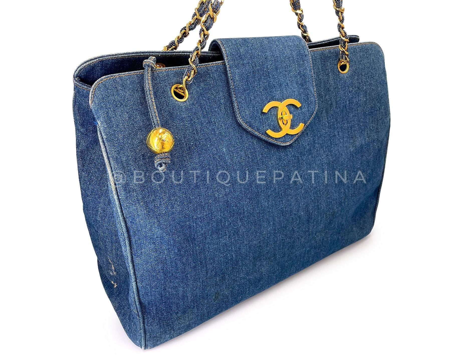 Chanel 1996 Vintage Blue Denim Supermodel Weekender XL Bag 24k GHW H76 - Image 3