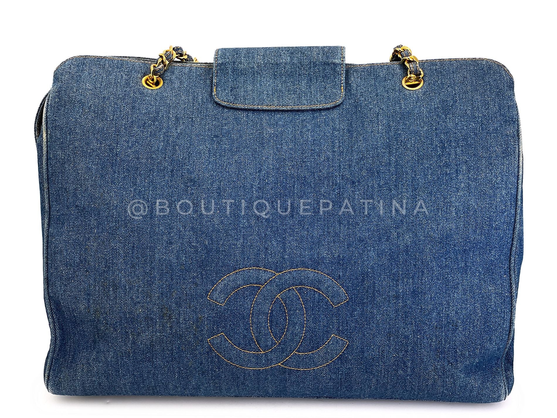 Chanel 1996 Vintage Blue Denim Supermodel Weekender XL Bag 24k GHW H76 - Image 6