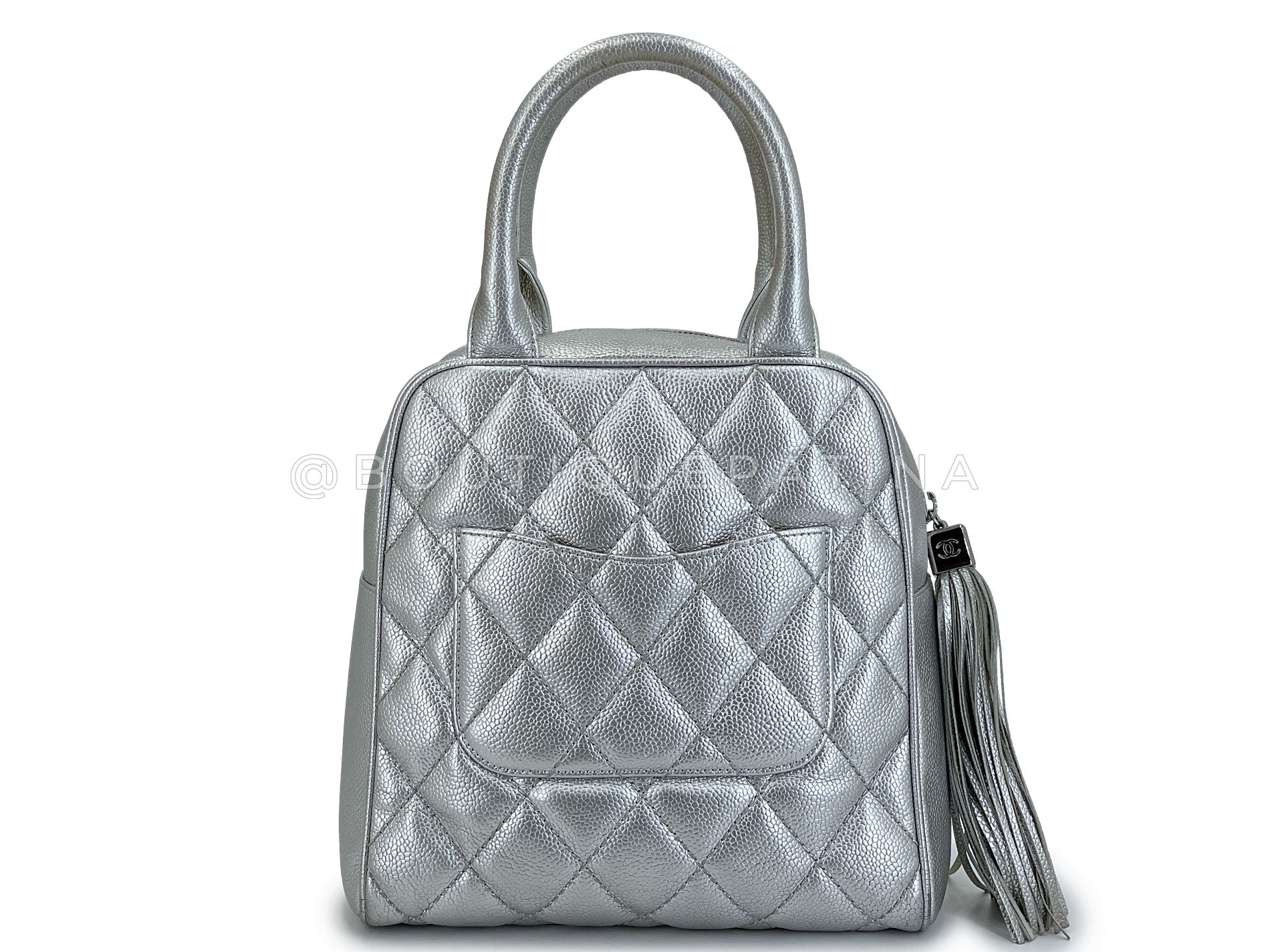 Chanel 2005 Vintage Silver Caviar Metallic Tassel Charm Bowler NS Bag RHW - Image 6