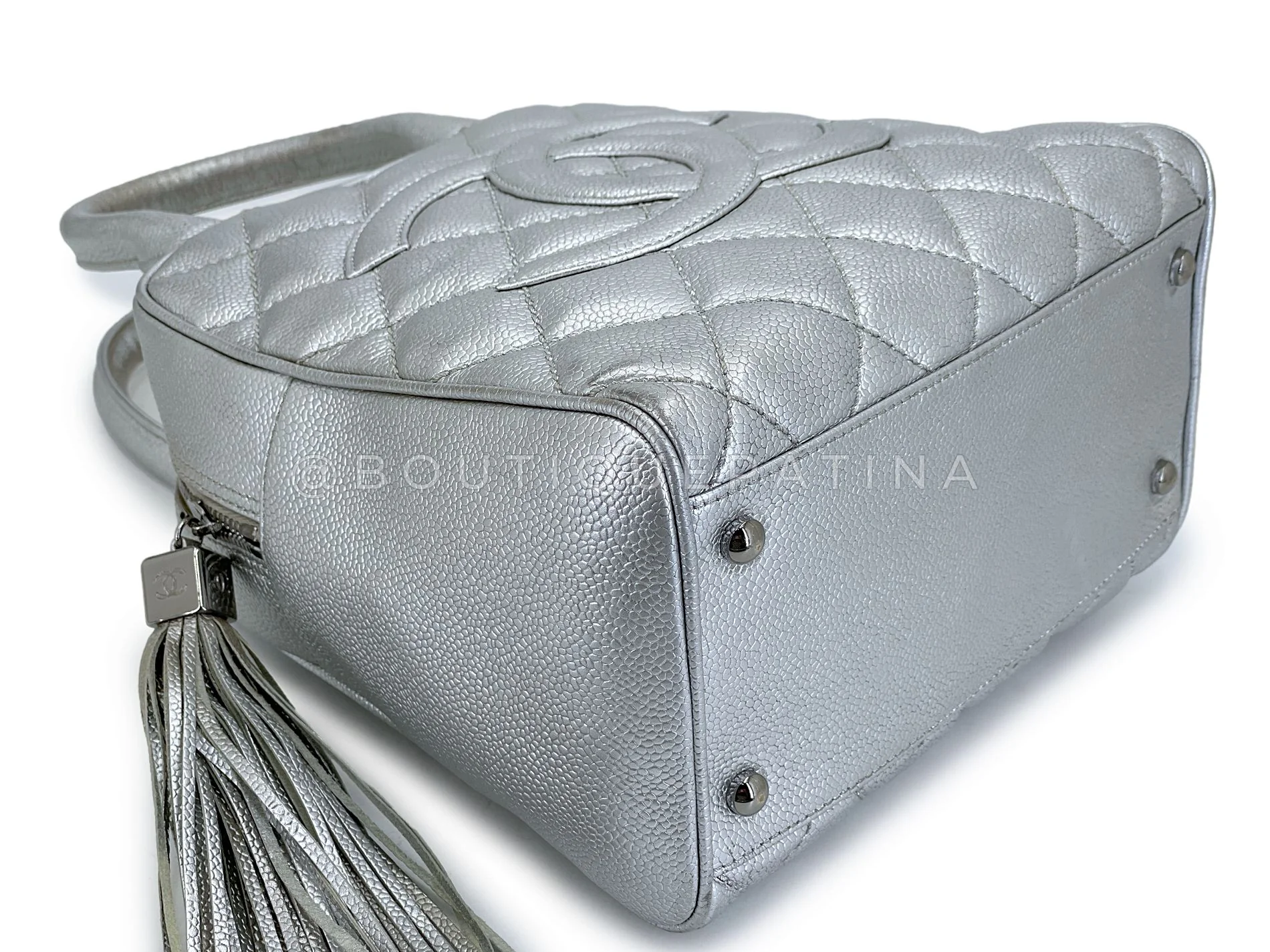 Chanel 2005 Vintage Silver Caviar Metallic Tassel Charm Bowler NS Bag RHW - Image 8